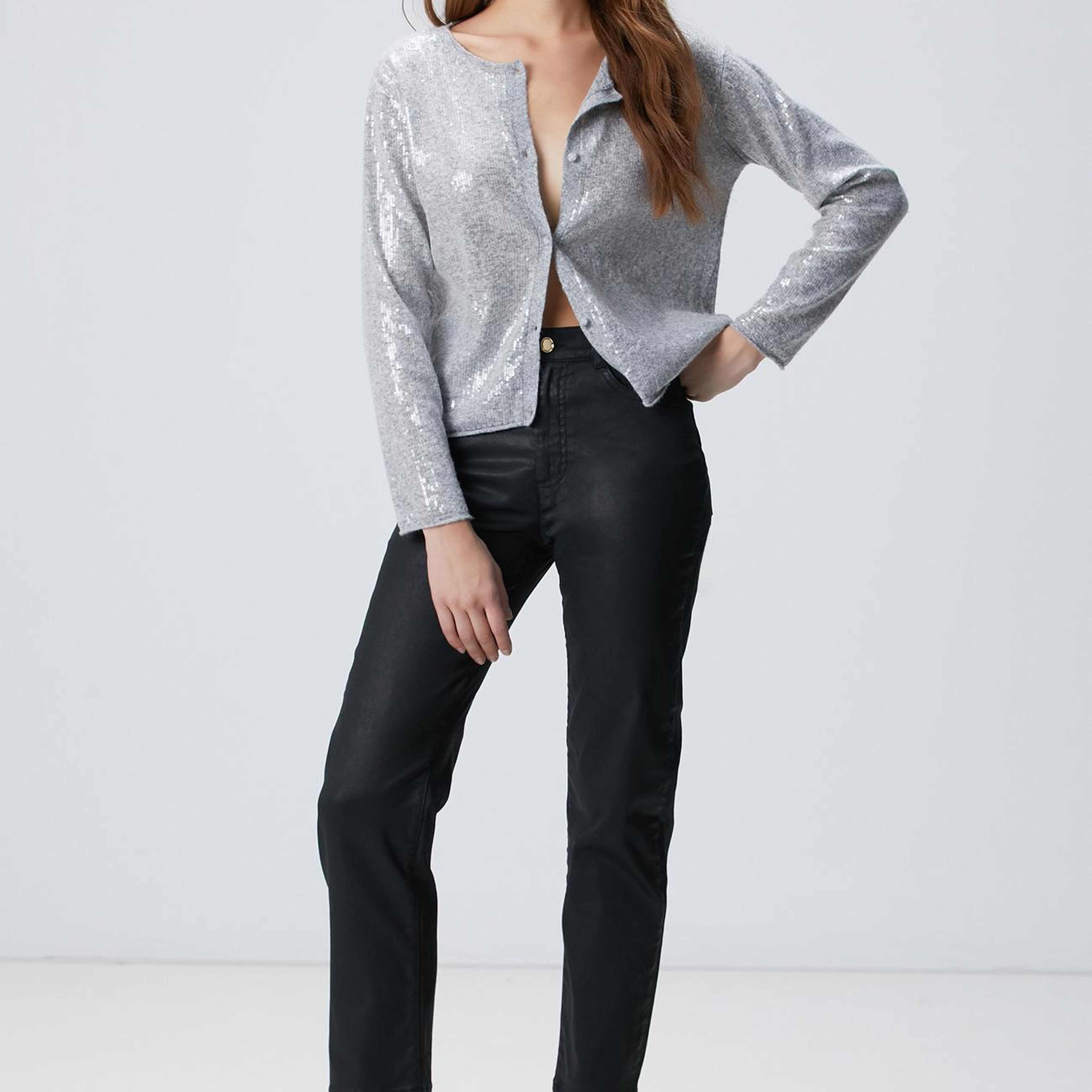 Network Kadın Açık Gri Melanj Payetli Hırka