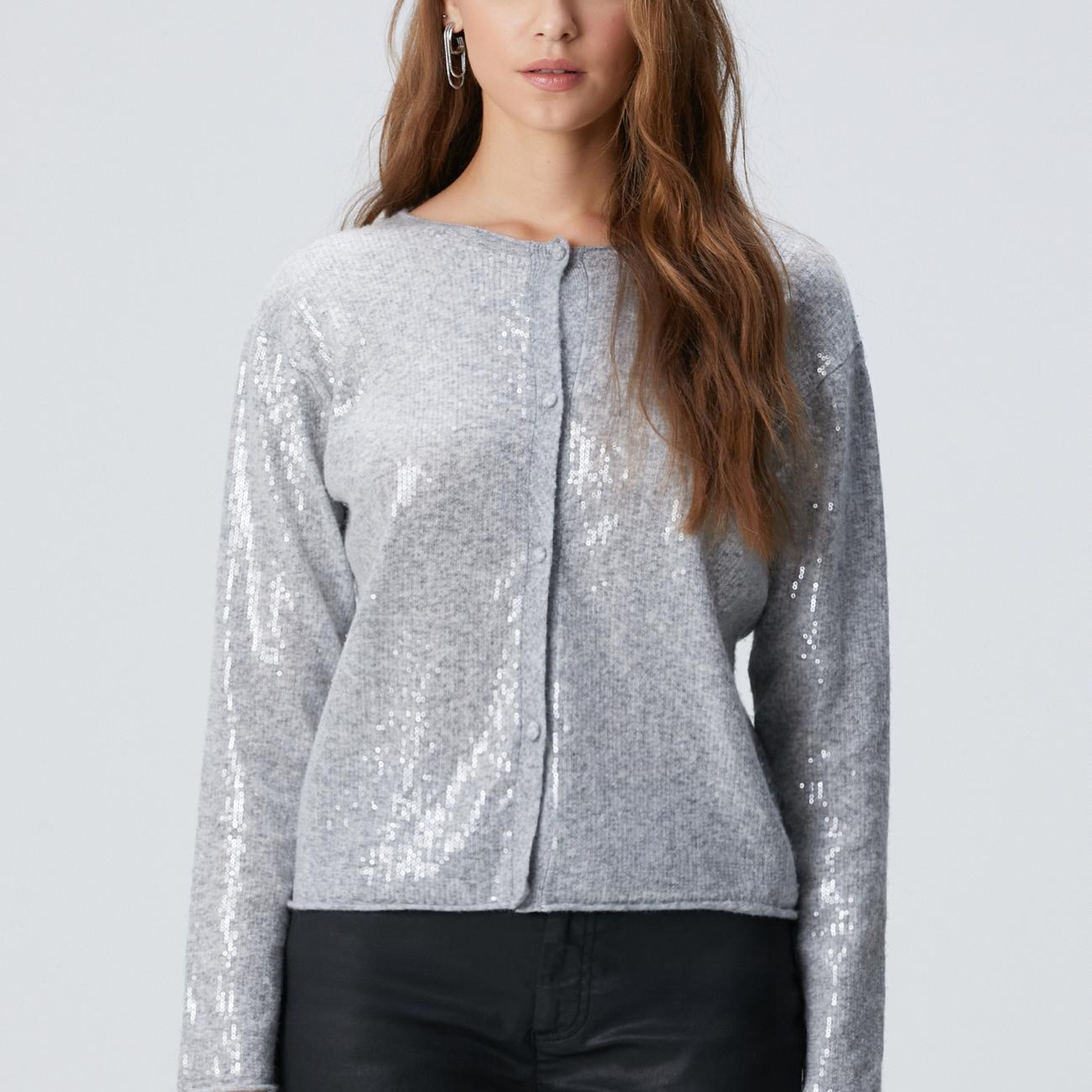 Network Kadın Açık Gri Melanj Payetli Hırka