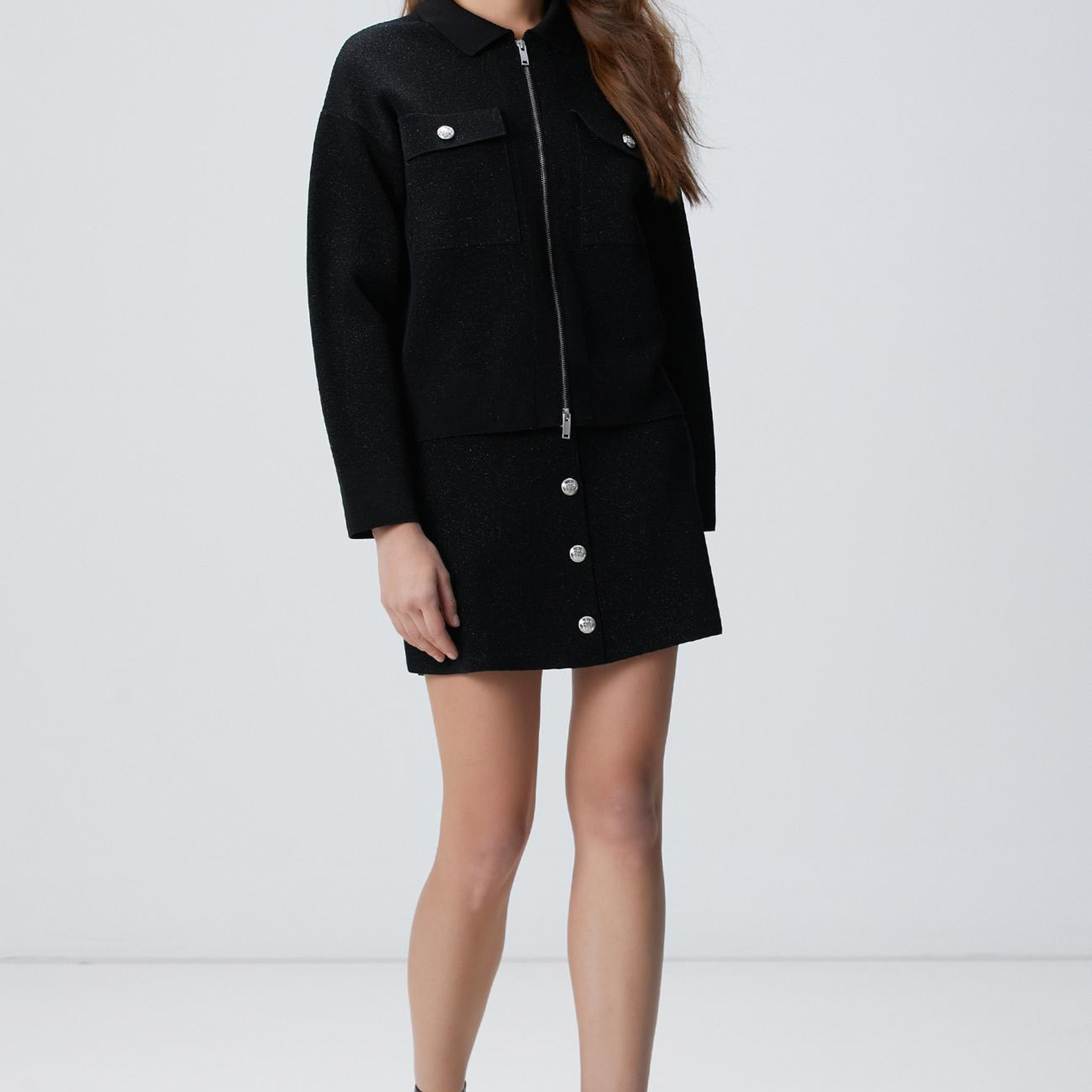 Network Kadın Siyah Simli Mini Triko Etek