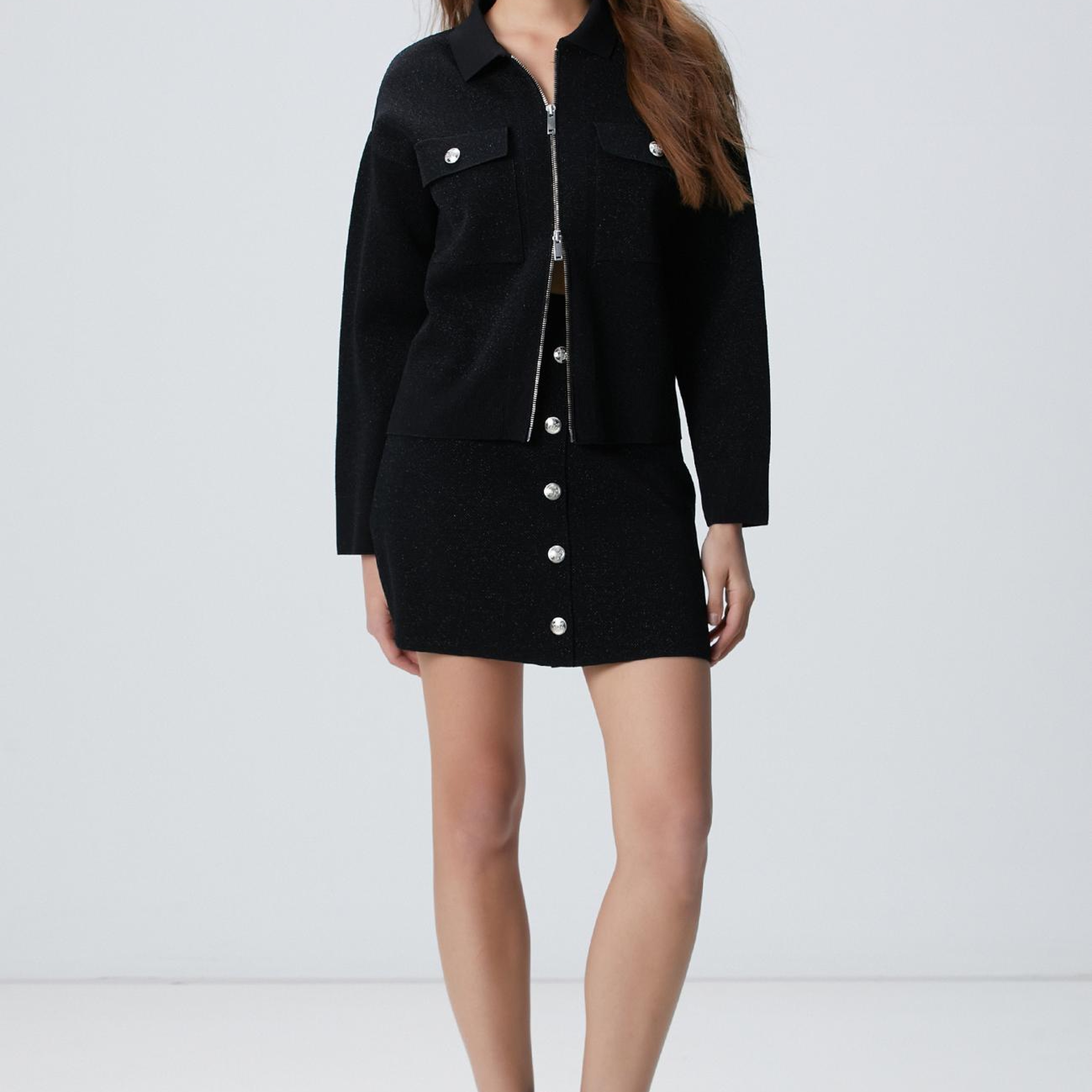 Network Kadın Siyah Simli Mini Triko Etek