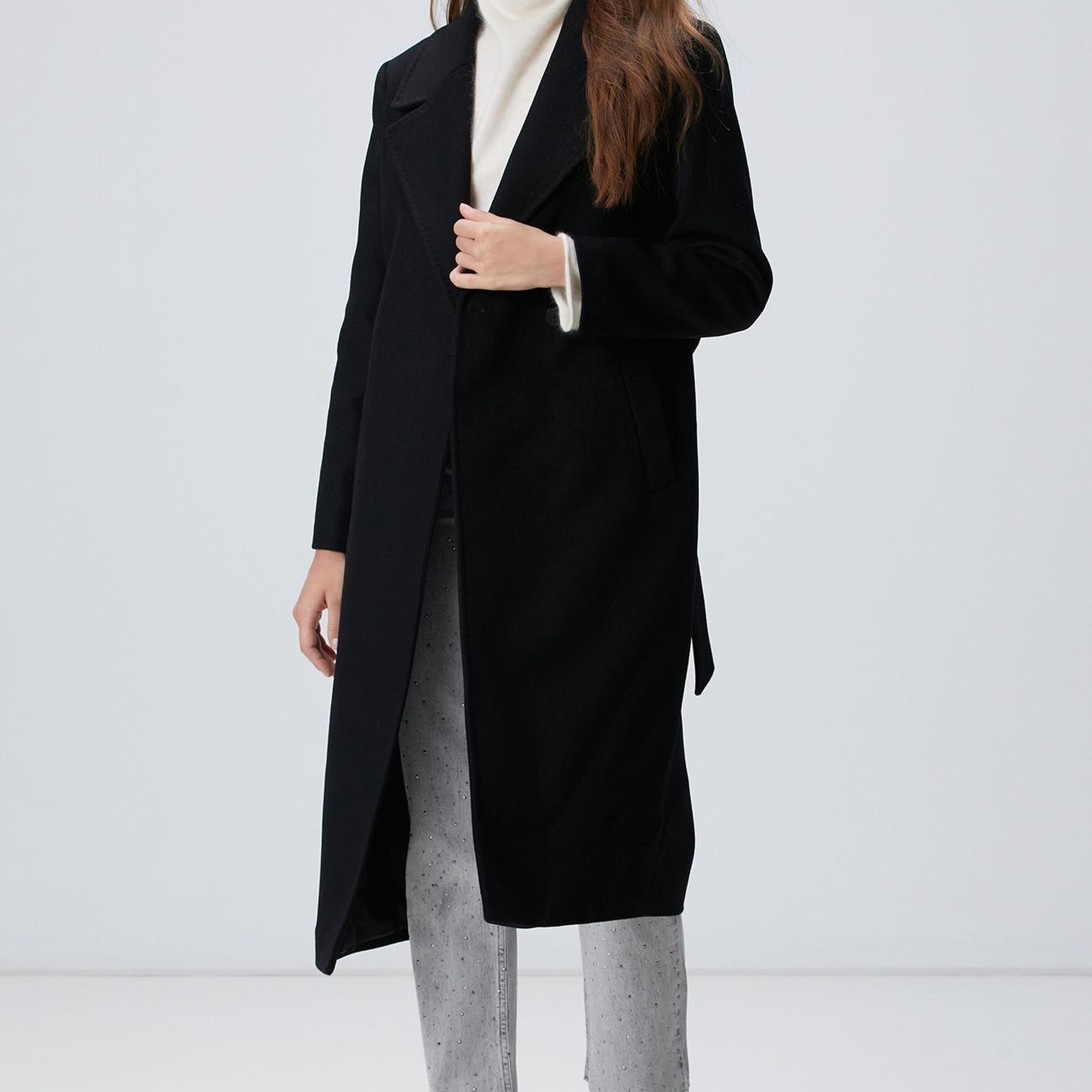 Network Kadın Siyah Kaşmir ve Yün Karışımlı Palto