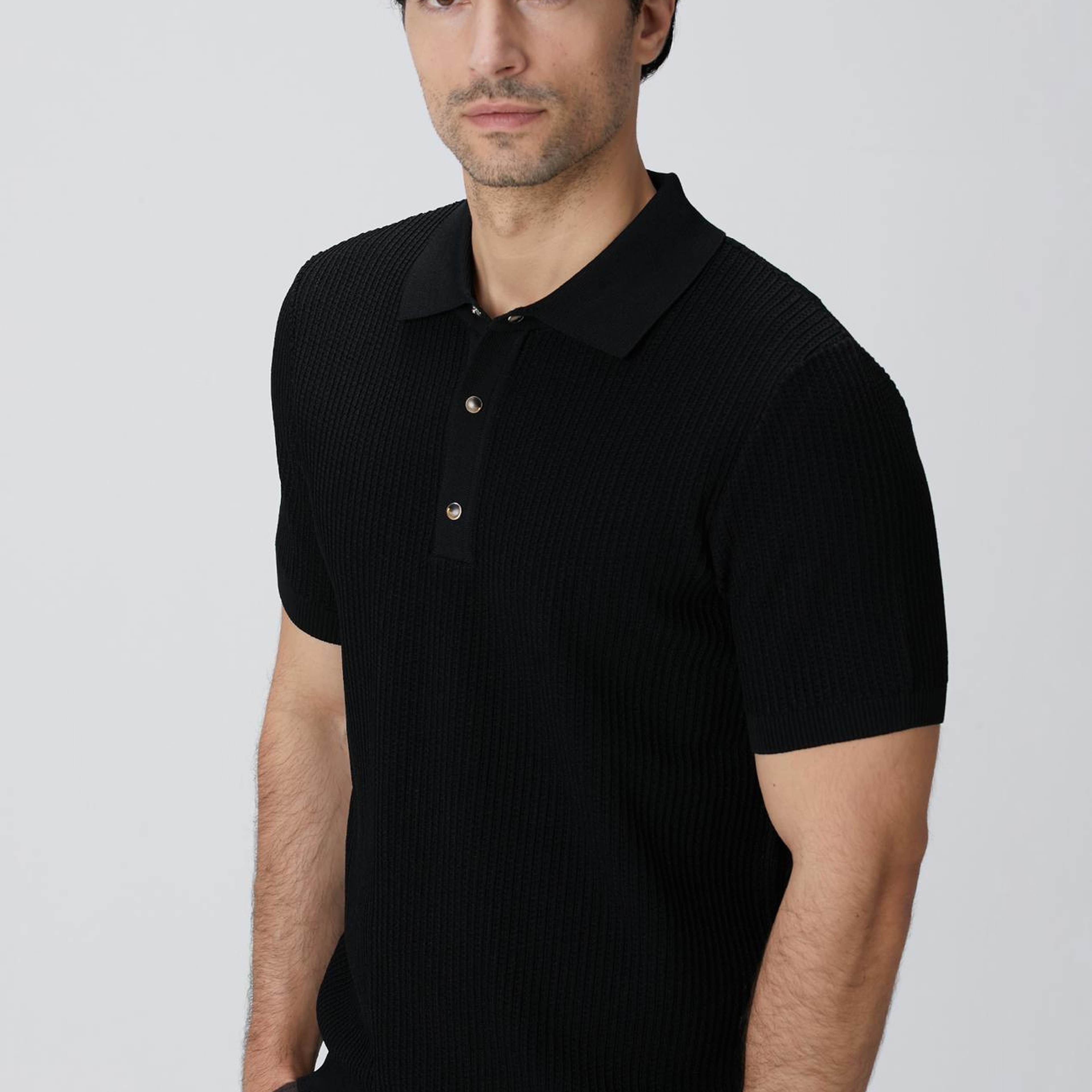 Network Erkek Siyah Polo Yaka Düğmeli Triko Kazak