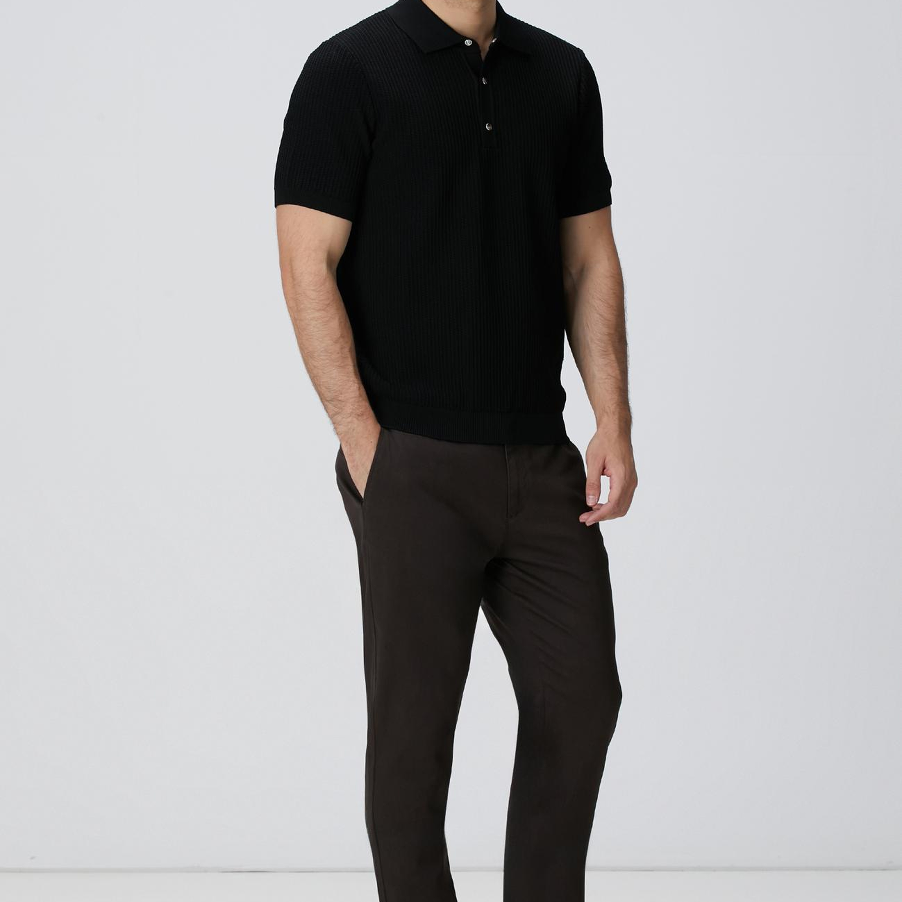 Network Erkek Siyah Polo Yaka Düğmeli Triko Kazak