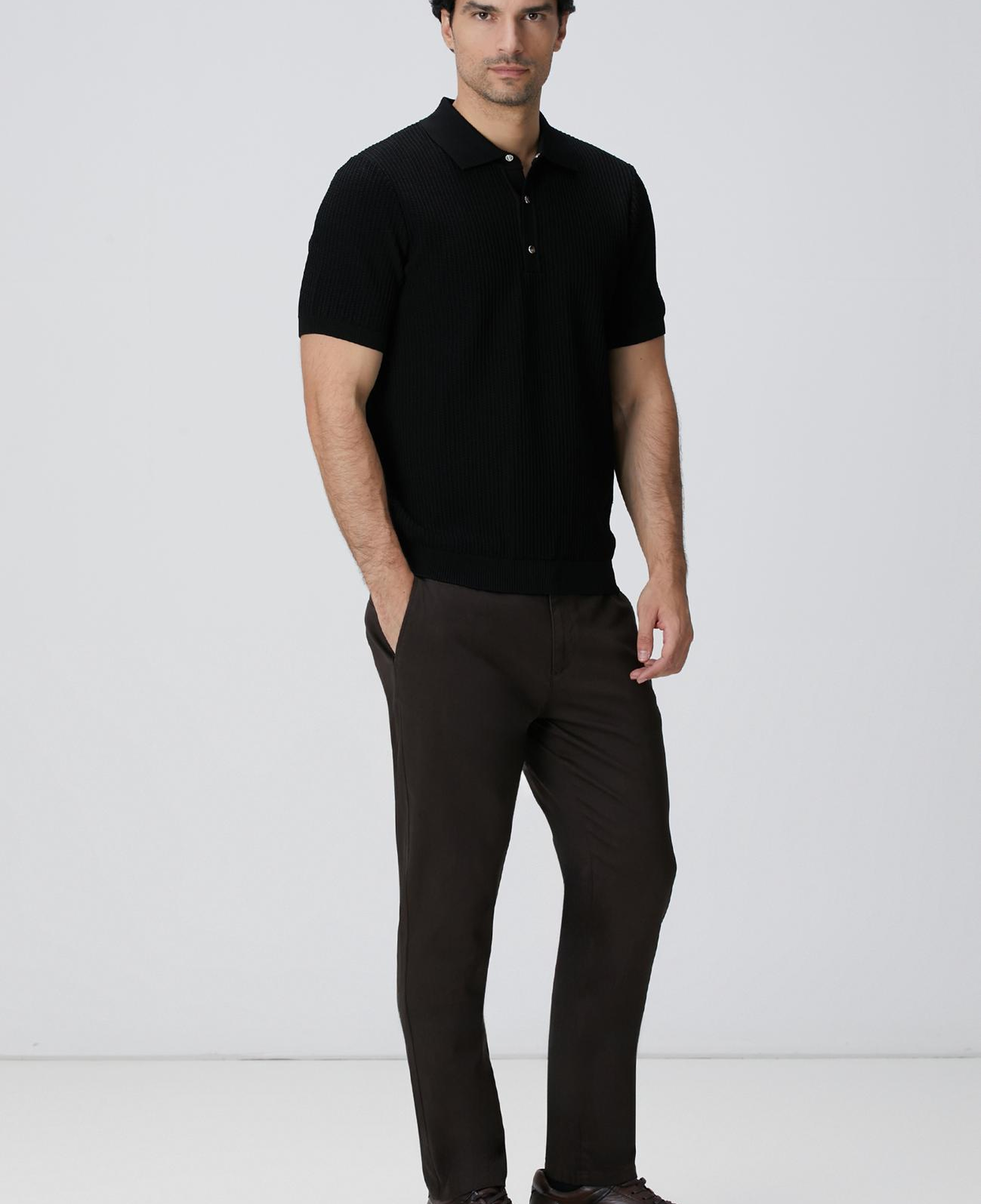 Network Erkek Siyah Polo Yaka Düğmeli Triko Kazak