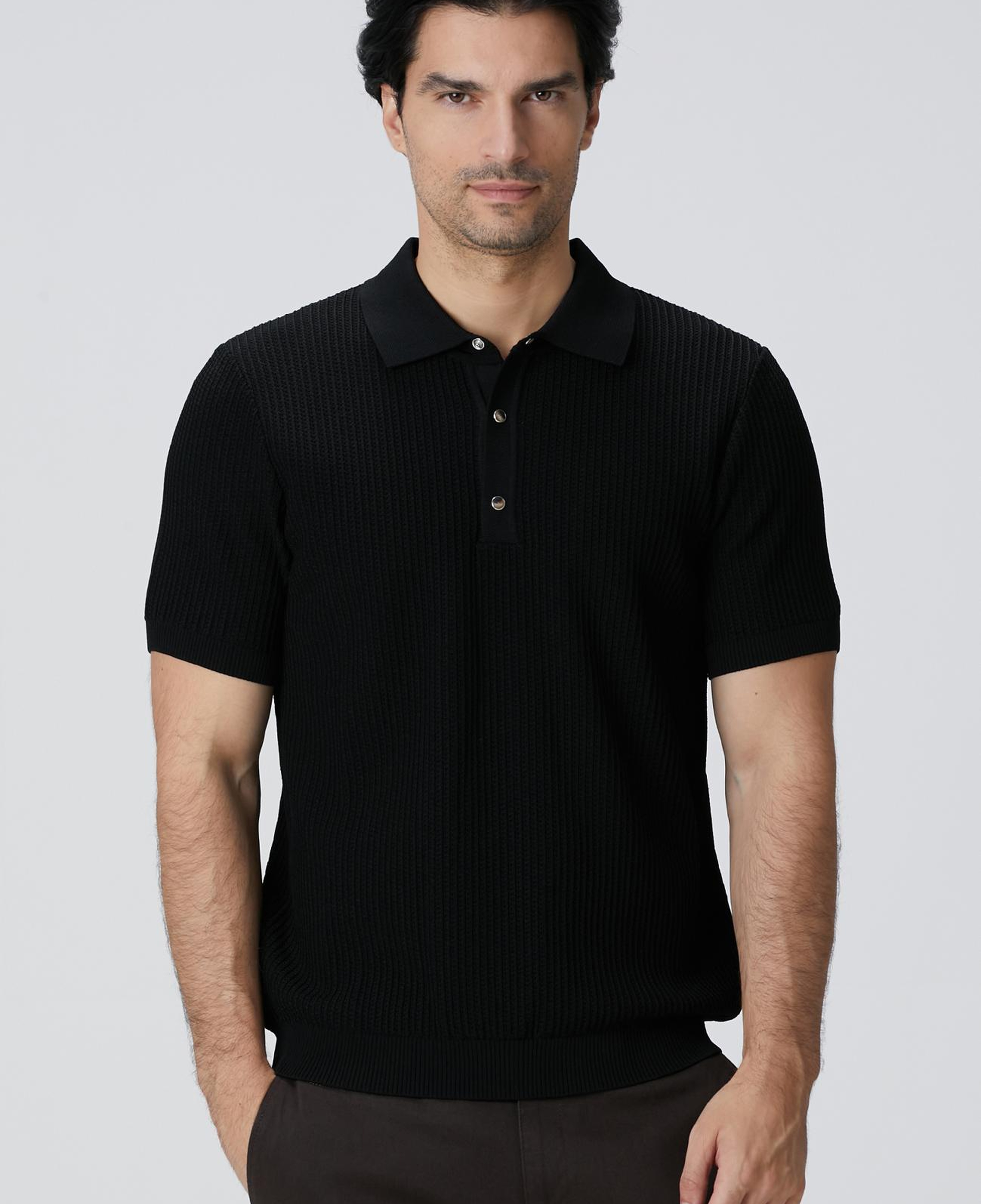 Network Erkek Siyah Polo Yaka Düğmeli Triko Kazak