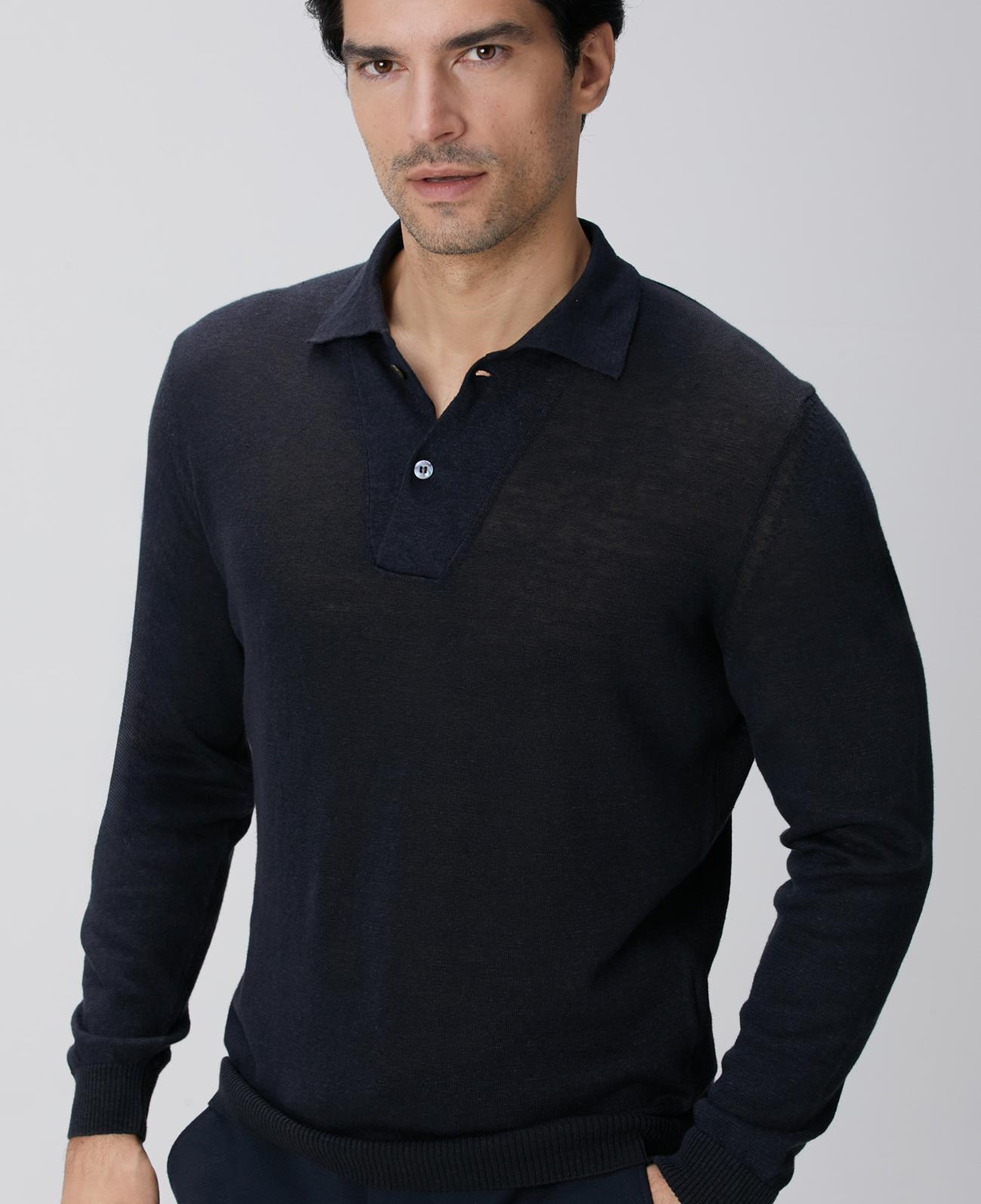 Network Erkek Lacivert Polo Yaka Keten Karışımlı Triko Kazak