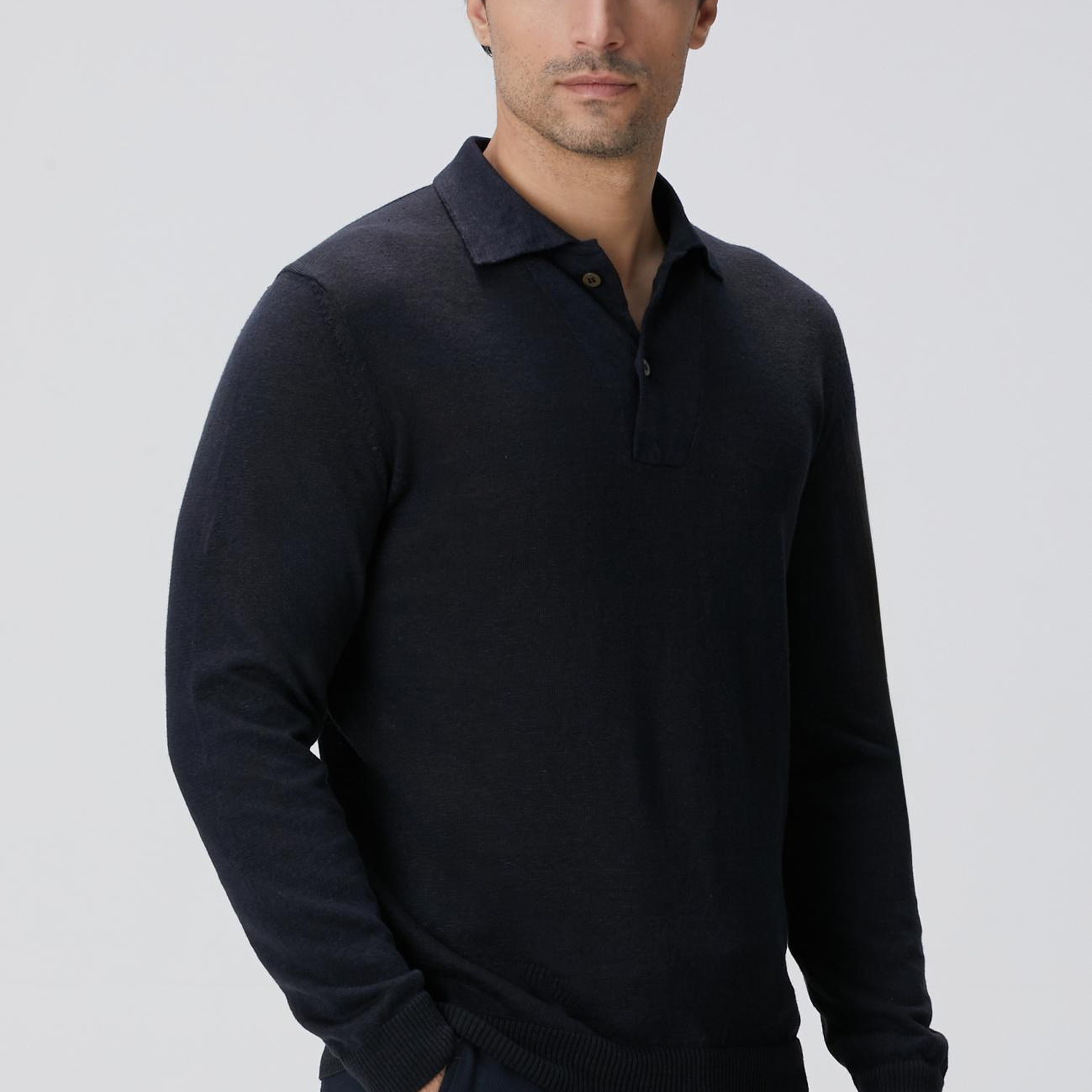 Network Erkek Lacivert Polo Yaka Keten Karışımlı Triko Kazak