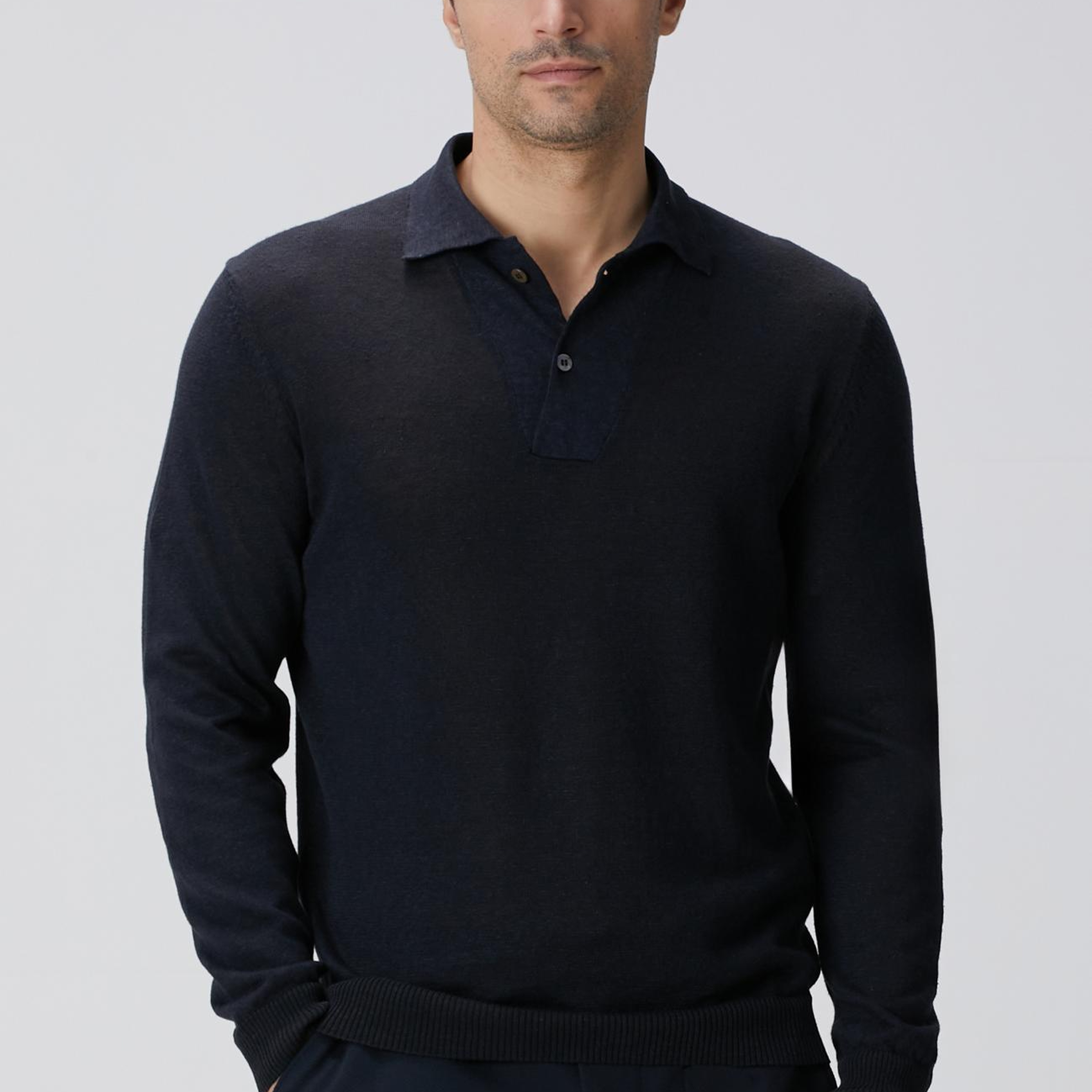 Network Erkek Lacivert Polo Yaka Keten Karışımlı Triko Kazak