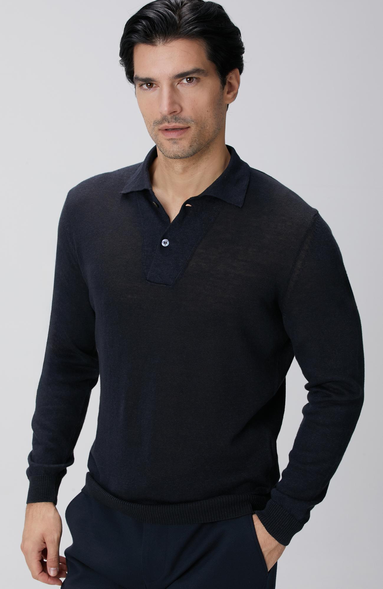 Network Erkek Lacivert Polo Yaka Keten Karışımlı Triko Kazak