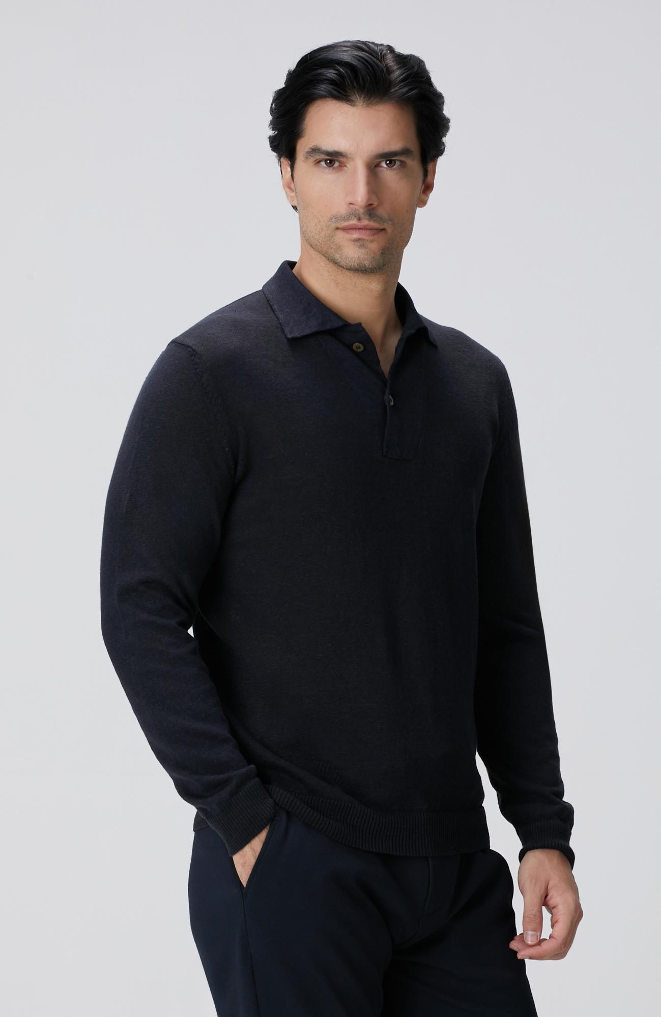 Network Erkek Lacivert Polo Yaka Keten Karışımlı Triko Kazak