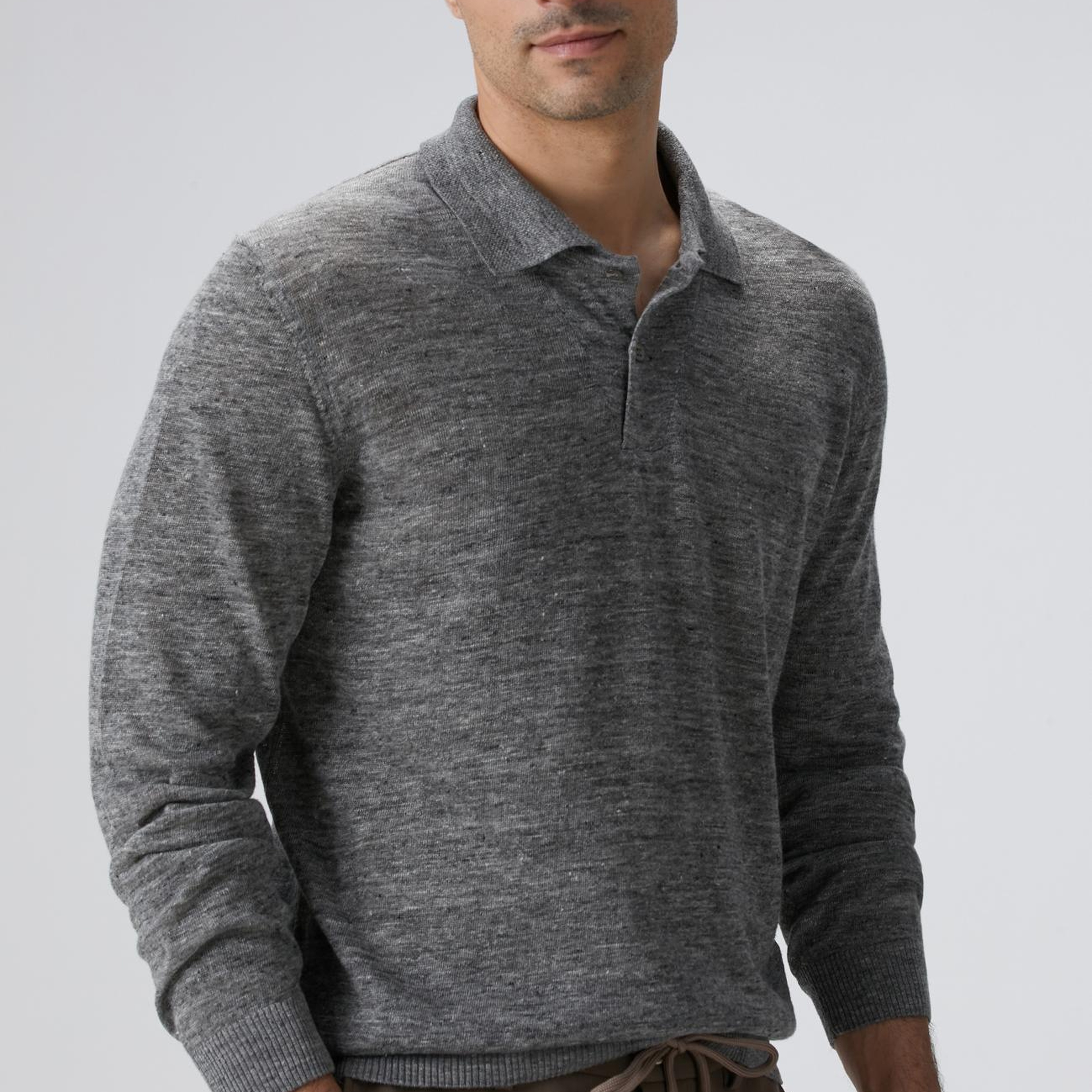 Network Erkek Gri Melanj Polo Yaka Keten Karışımlı Triko Kazak