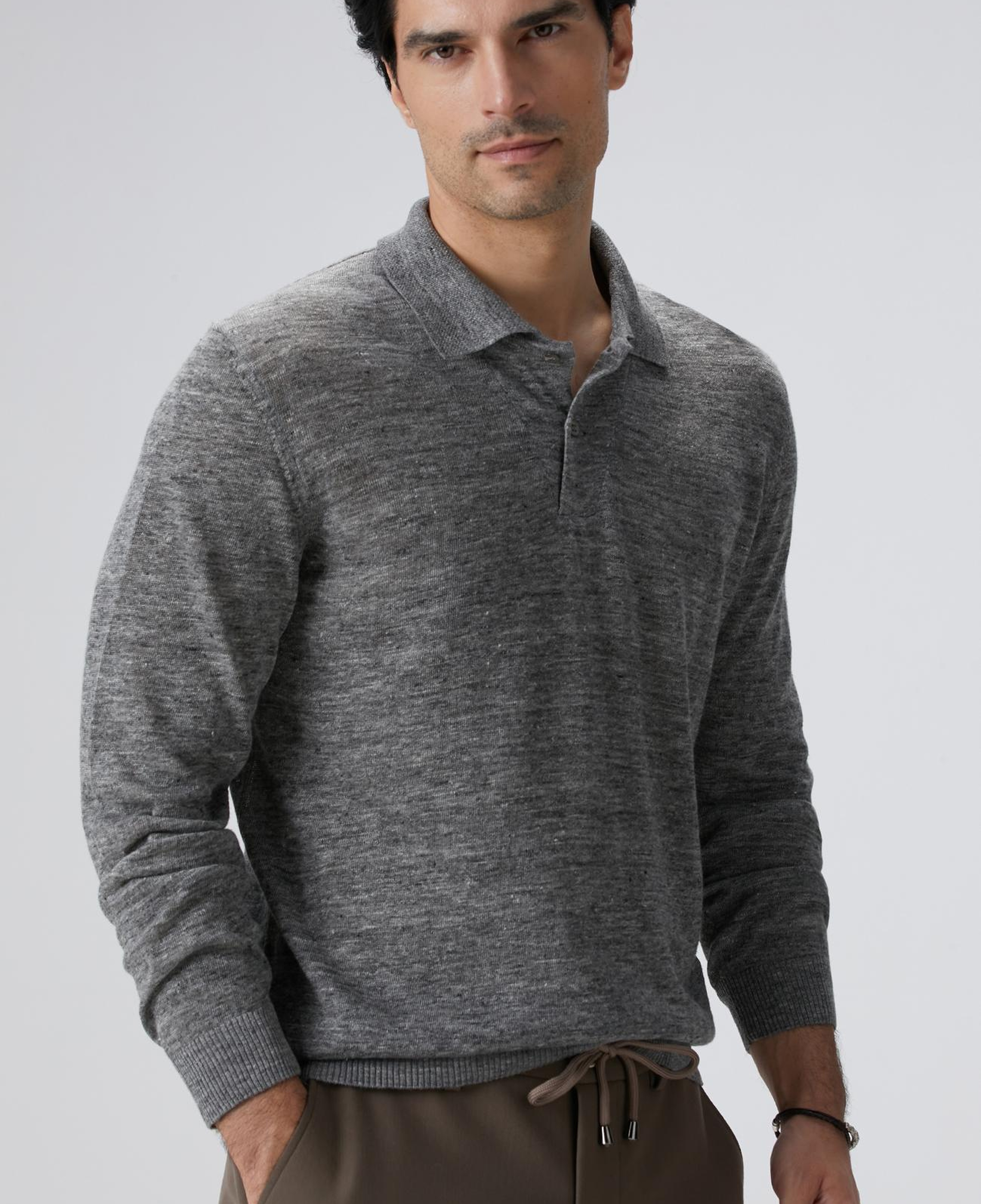 Network Erkek Gri Melanj Polo Yaka Keten Karışımlı Triko Kazak