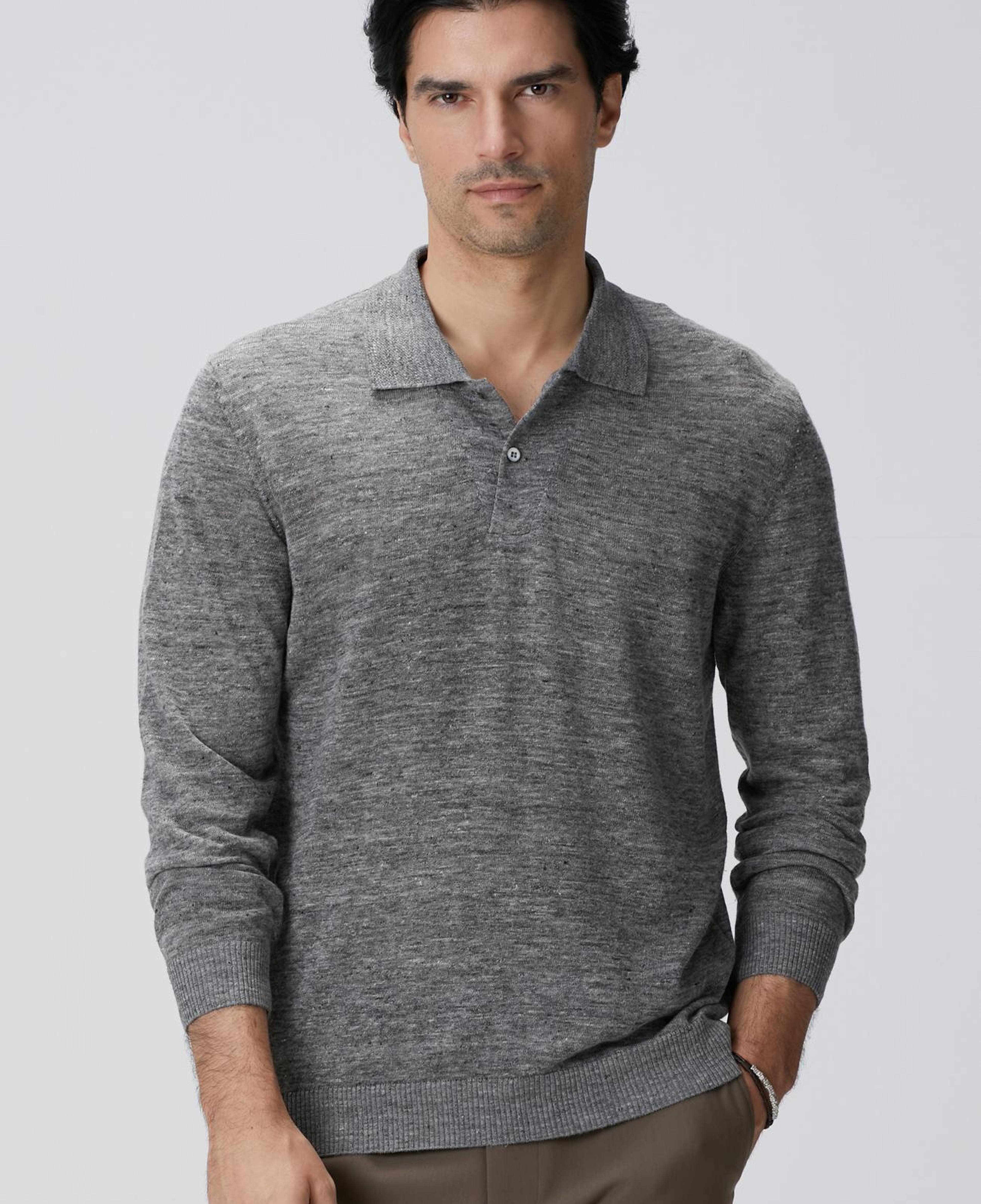 Network Erkek Gri Melanj Polo Yaka Keten Karışımlı Triko Kazak