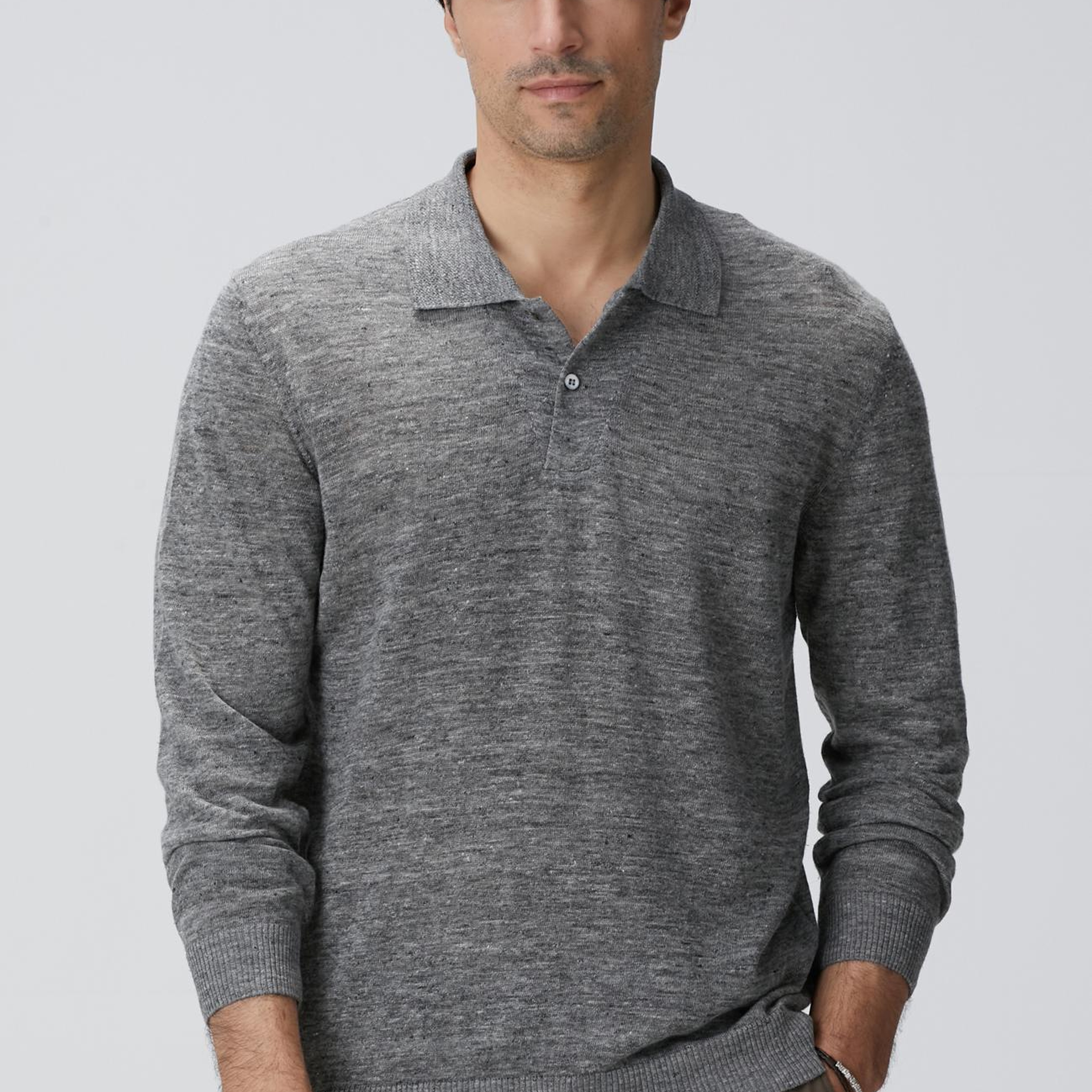 Network Erkek Gri Melanj Polo Yaka Keten Karışımlı Triko Kazak