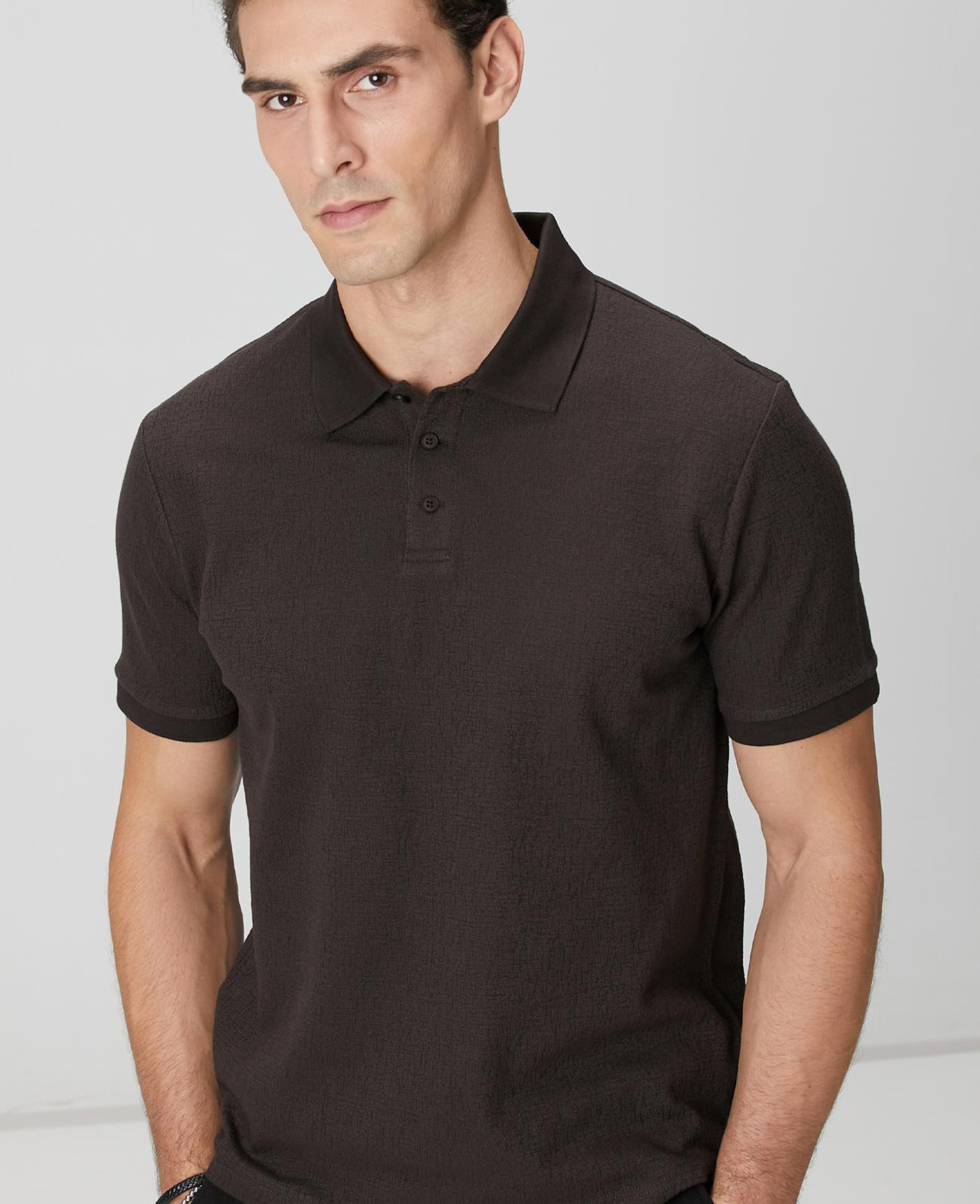 Network Erkek Kahverengi Polo Yaka Düğmeli Jakarlı T-shirt