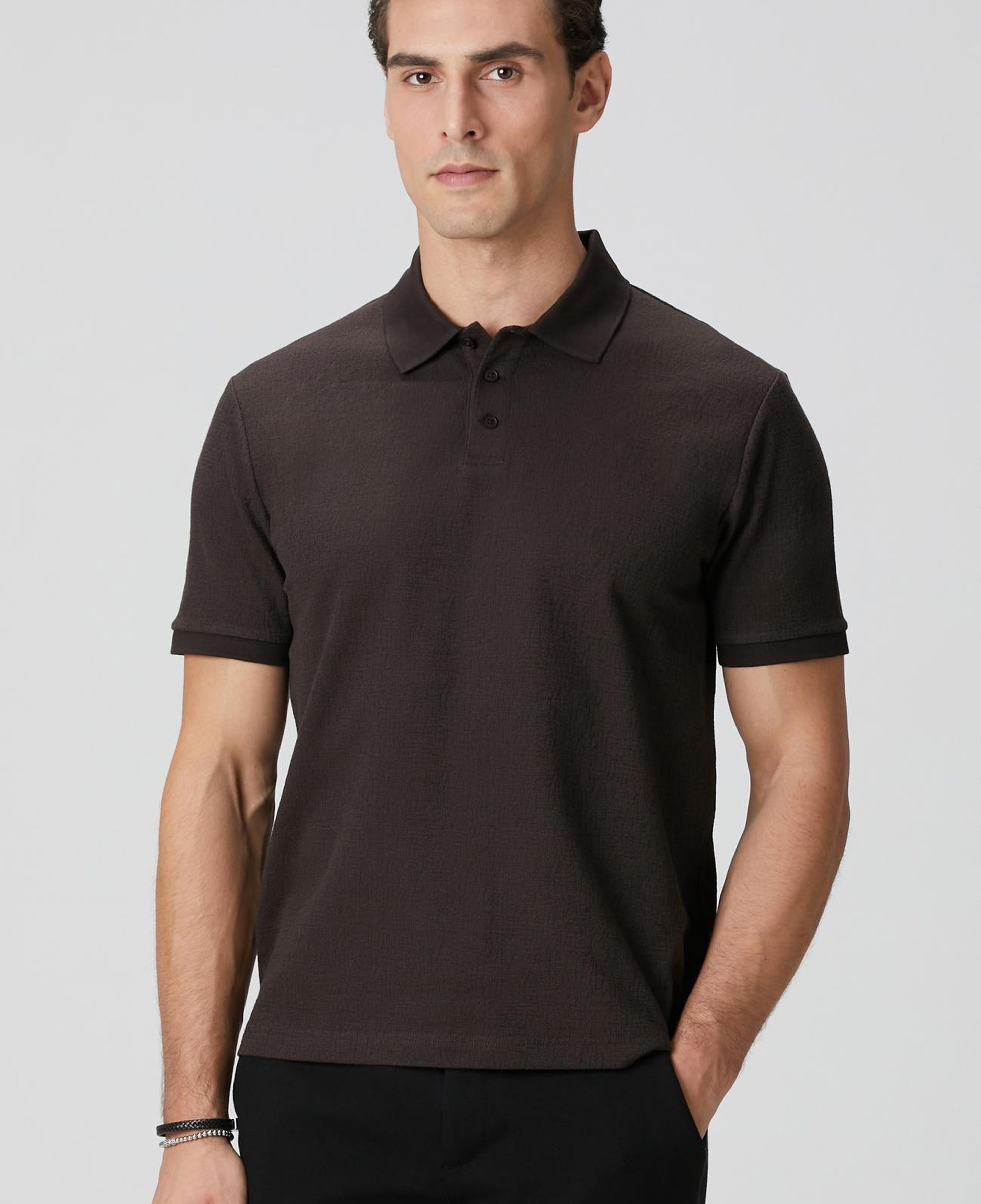 Network Erkek Kahverengi Polo Yaka Düğmeli Jakarlı T-shirt