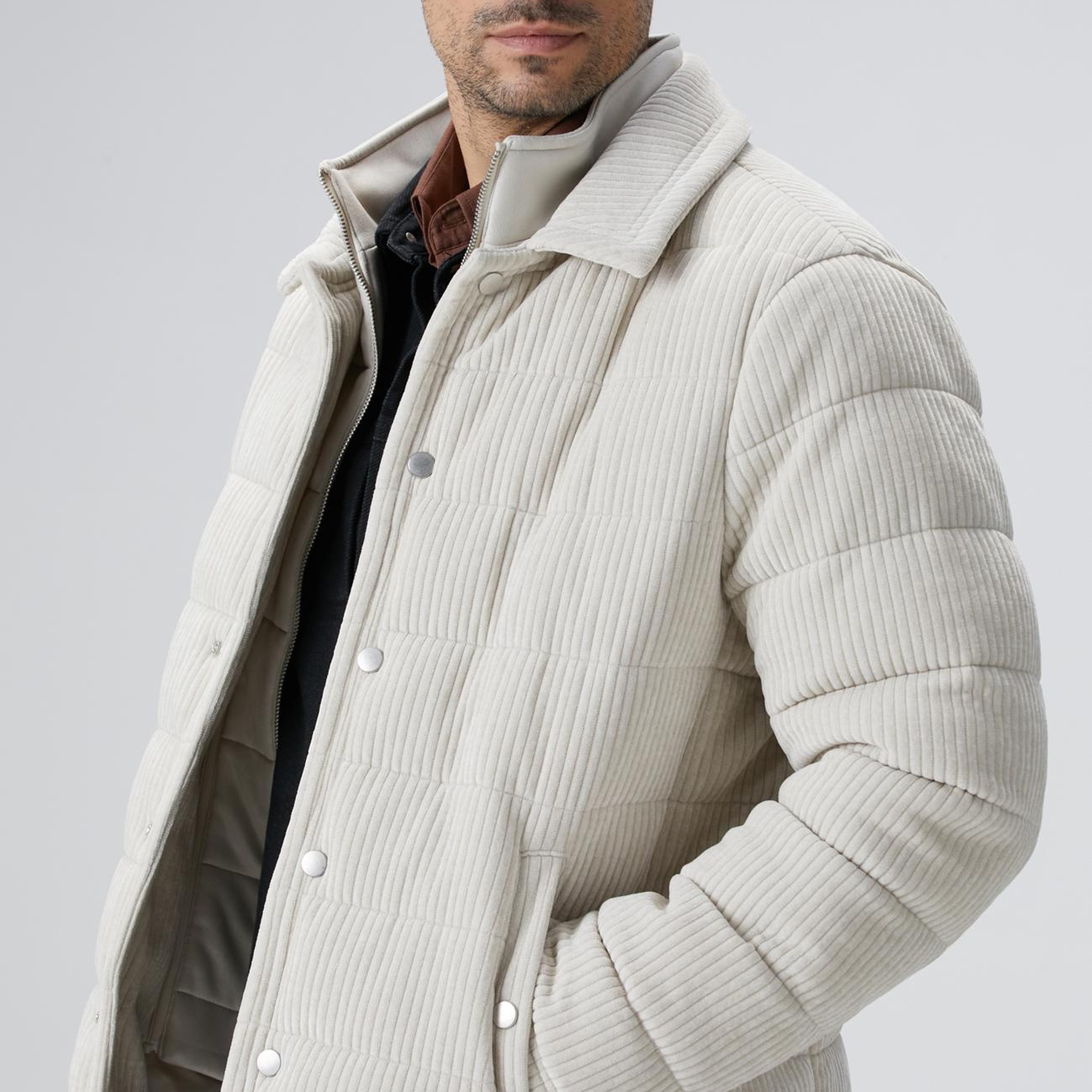 Network Erkek Kırık Beyaz Fitilli Kadife Puffer Coat Ceket