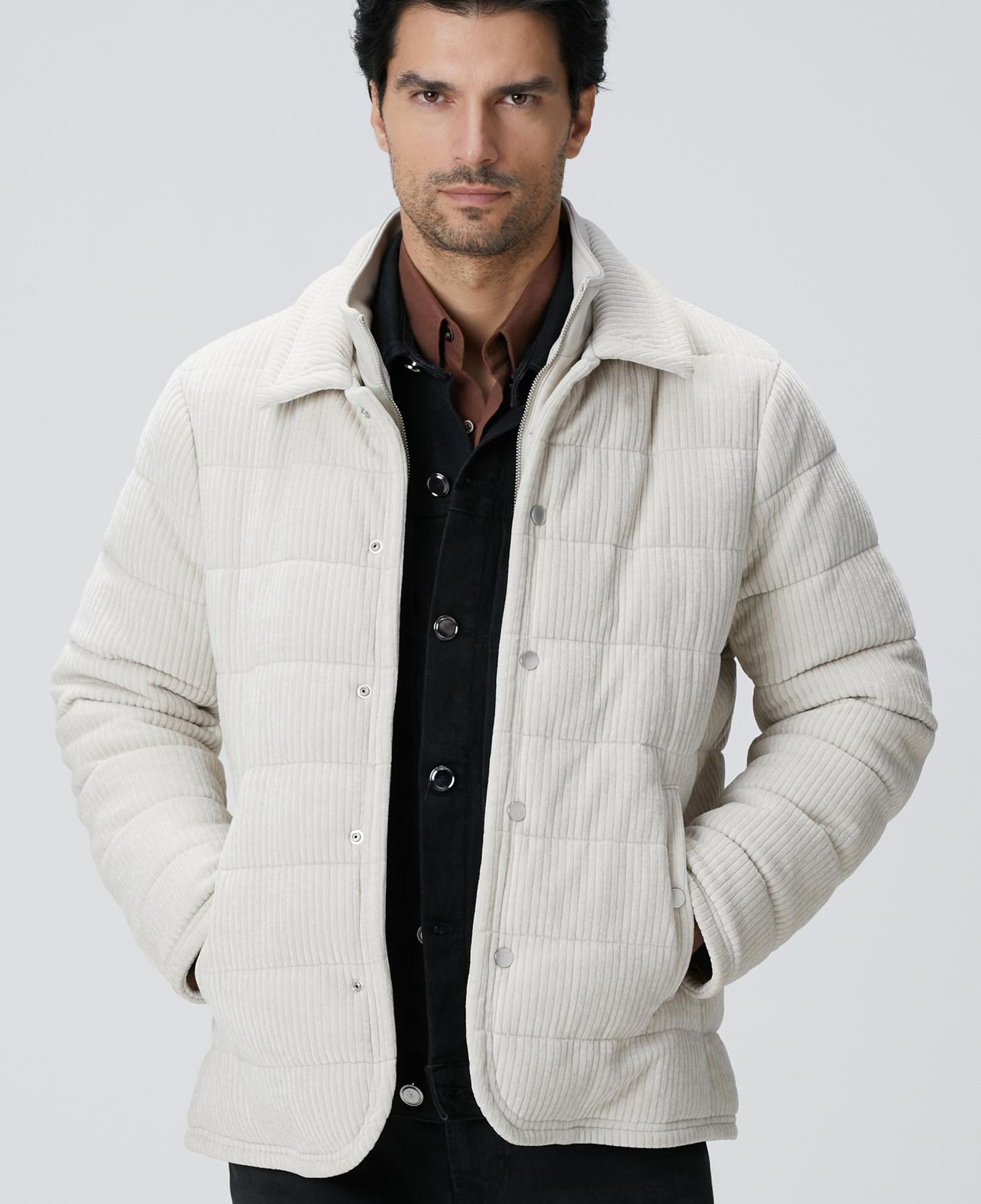 Network Erkek Kırık Beyaz Fitilli Kadife Puffer Coat Ceket