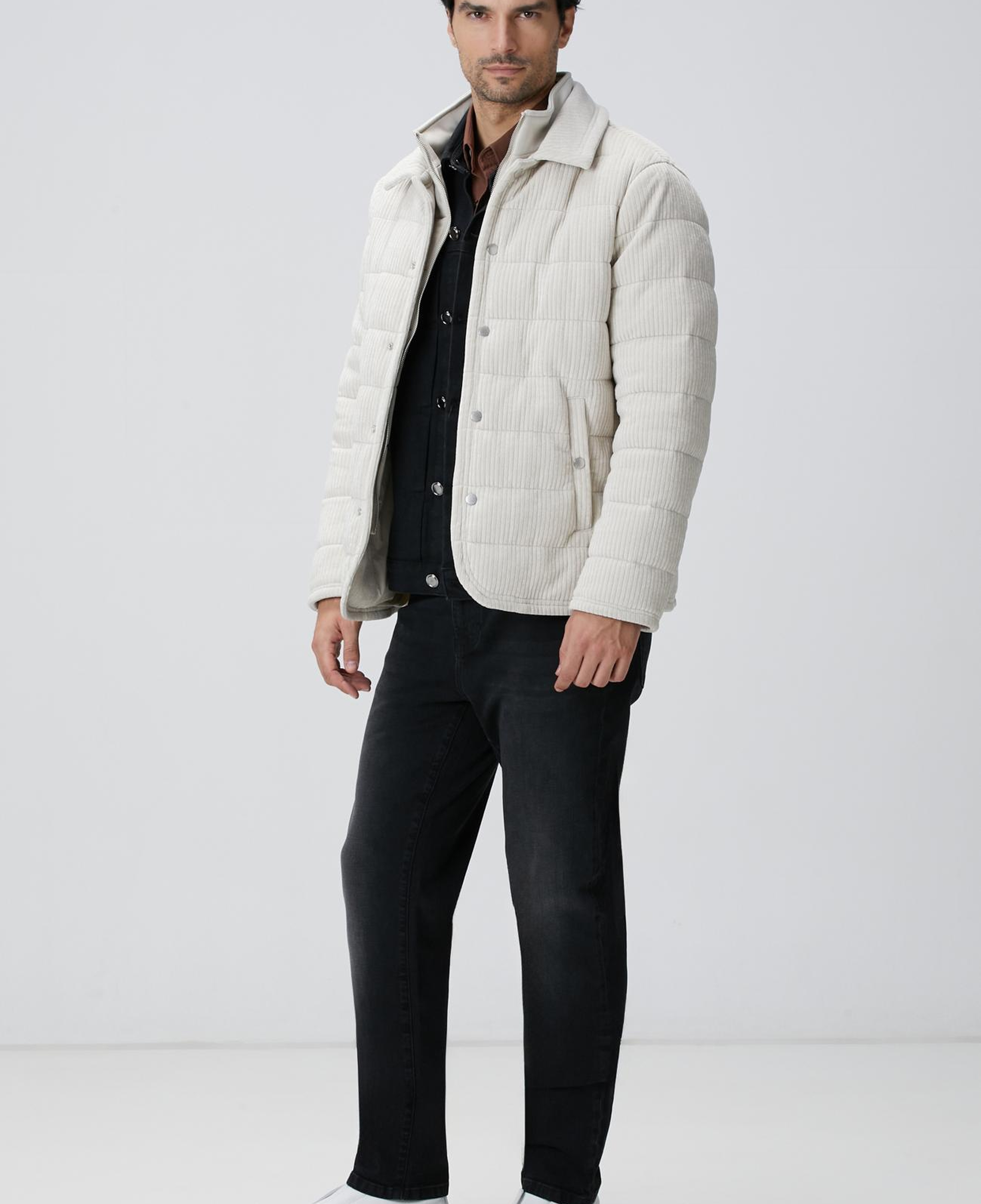 Network Erkek Kırık Beyaz Fitilli Kadife Puffer Coat Ceket