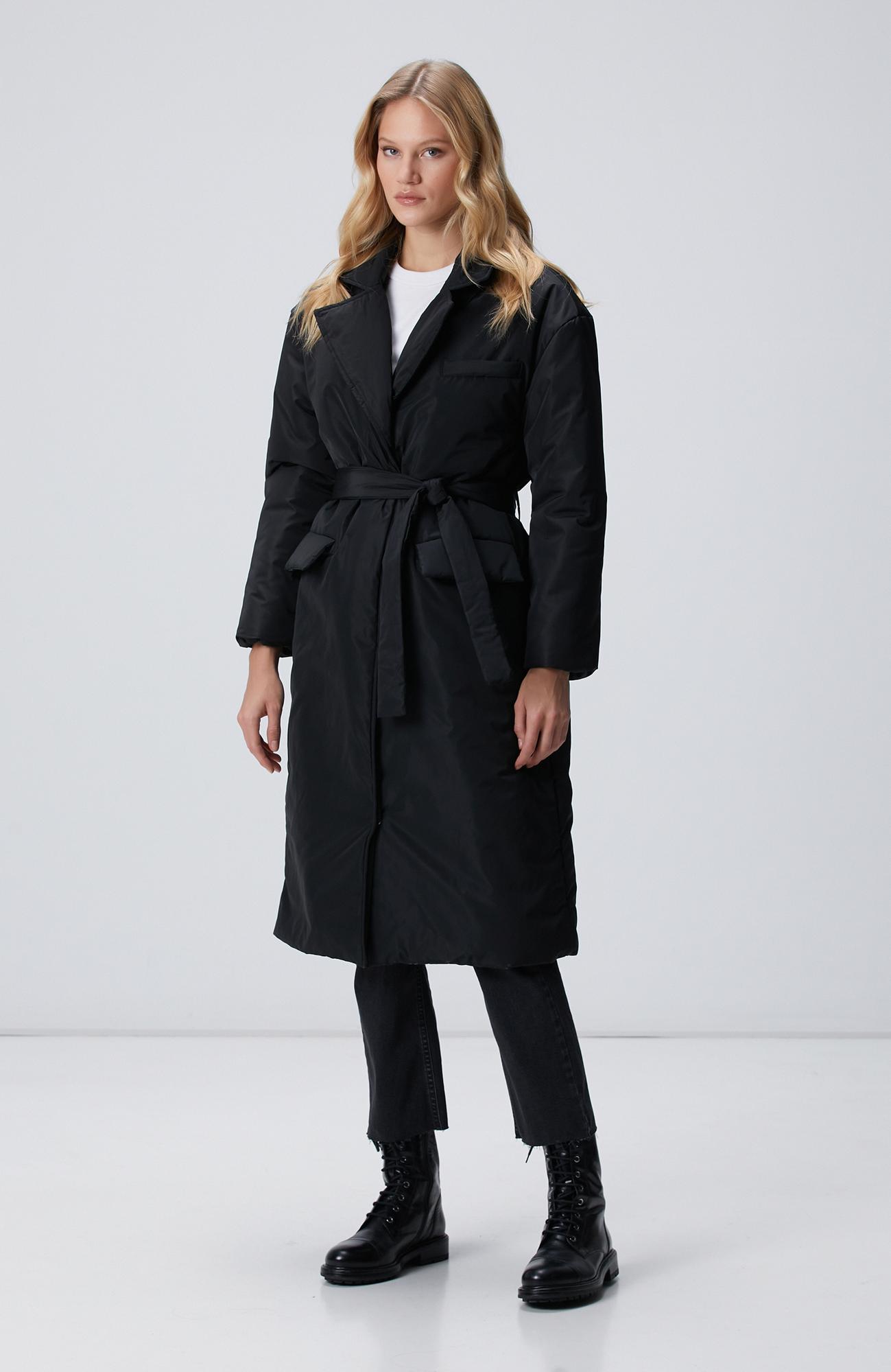 Network Kadın Siyah Belden Kuşaklı Uzun Kaban