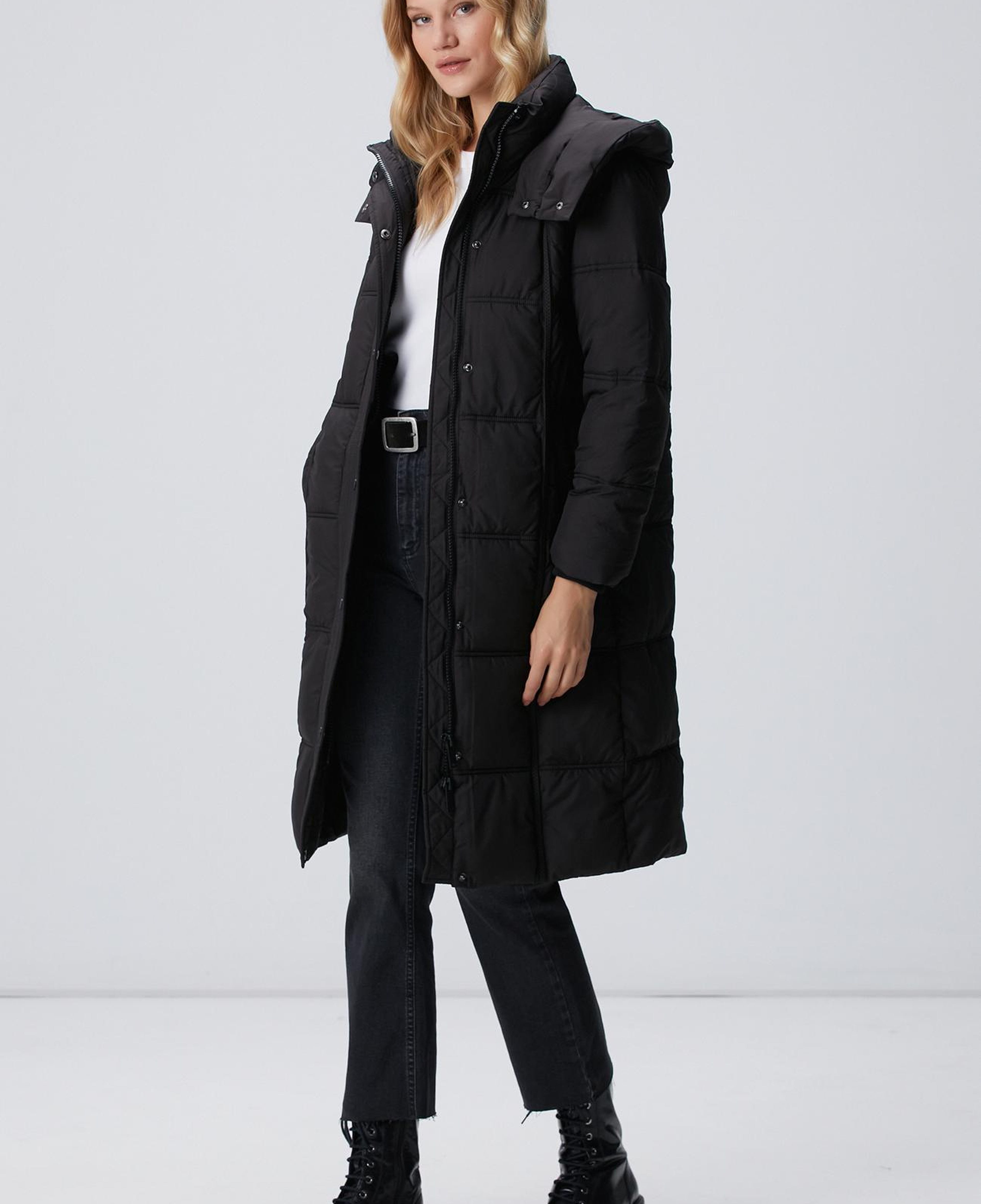 Network Kadın Siyah Kapülonlu Kapitoneli Uzun Kaban