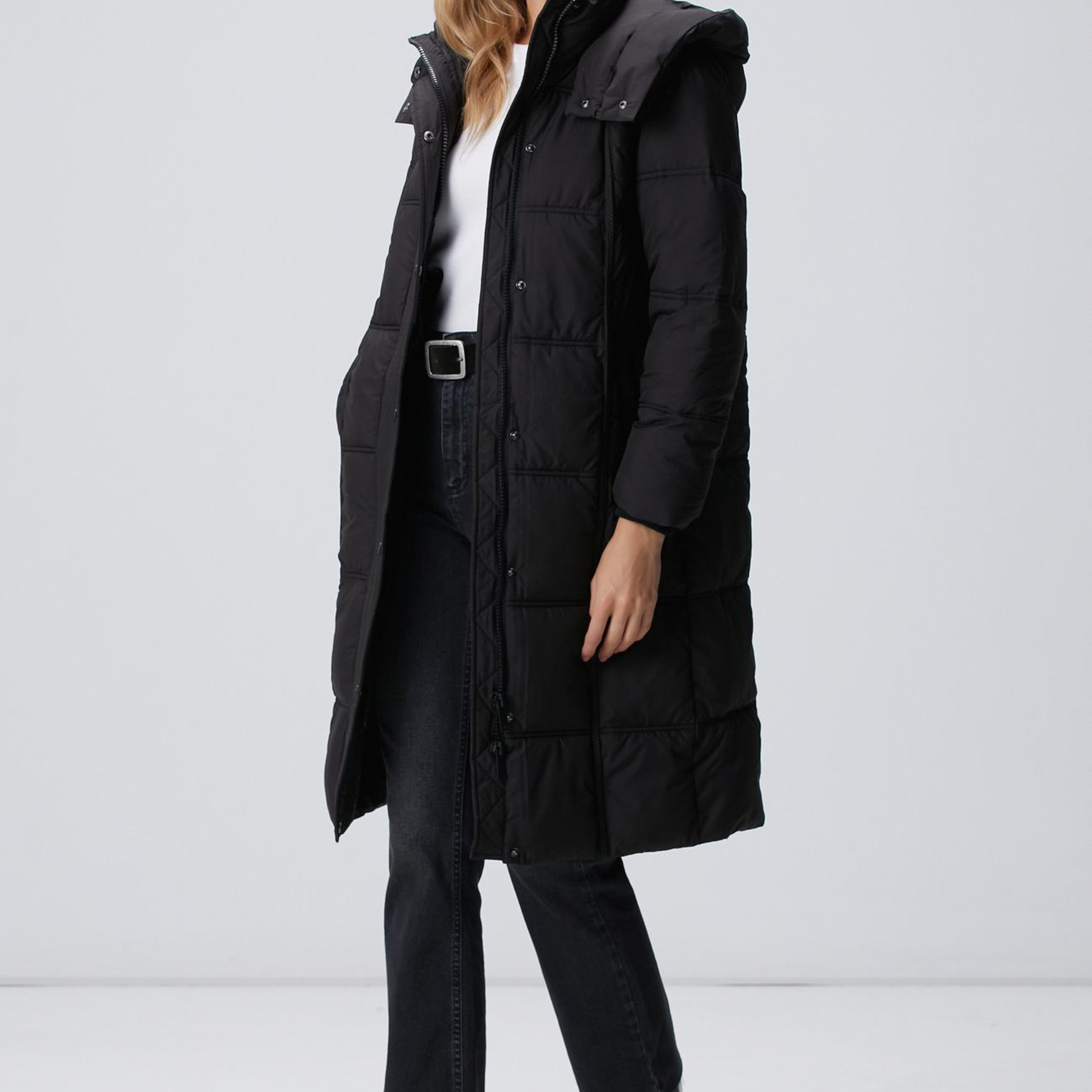 Network Kadın Siyah Kapülonlu Kapitoneli Uzun Kaban