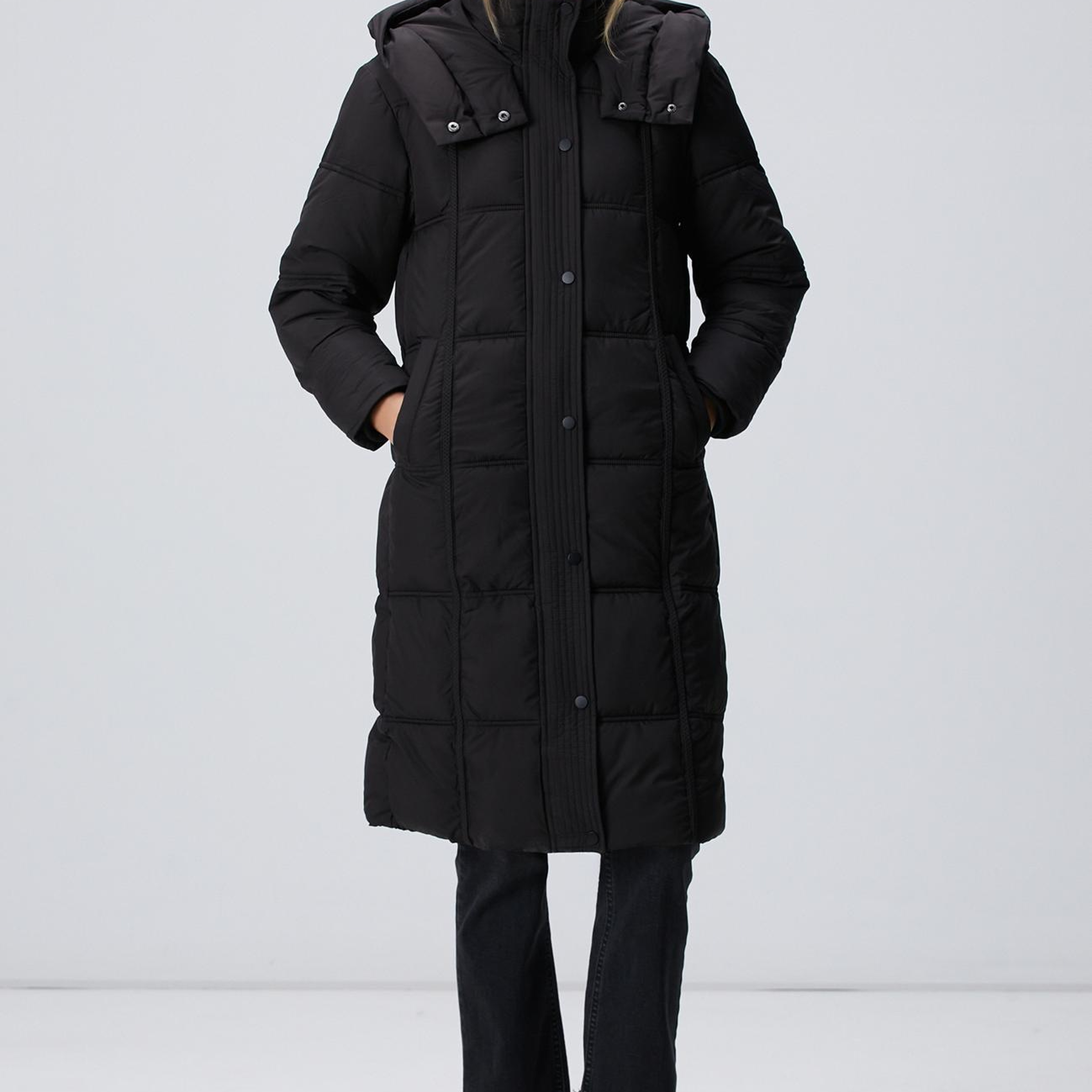 Network Kadın Siyah Kapülonlu Kapitoneli Uzun Kaban