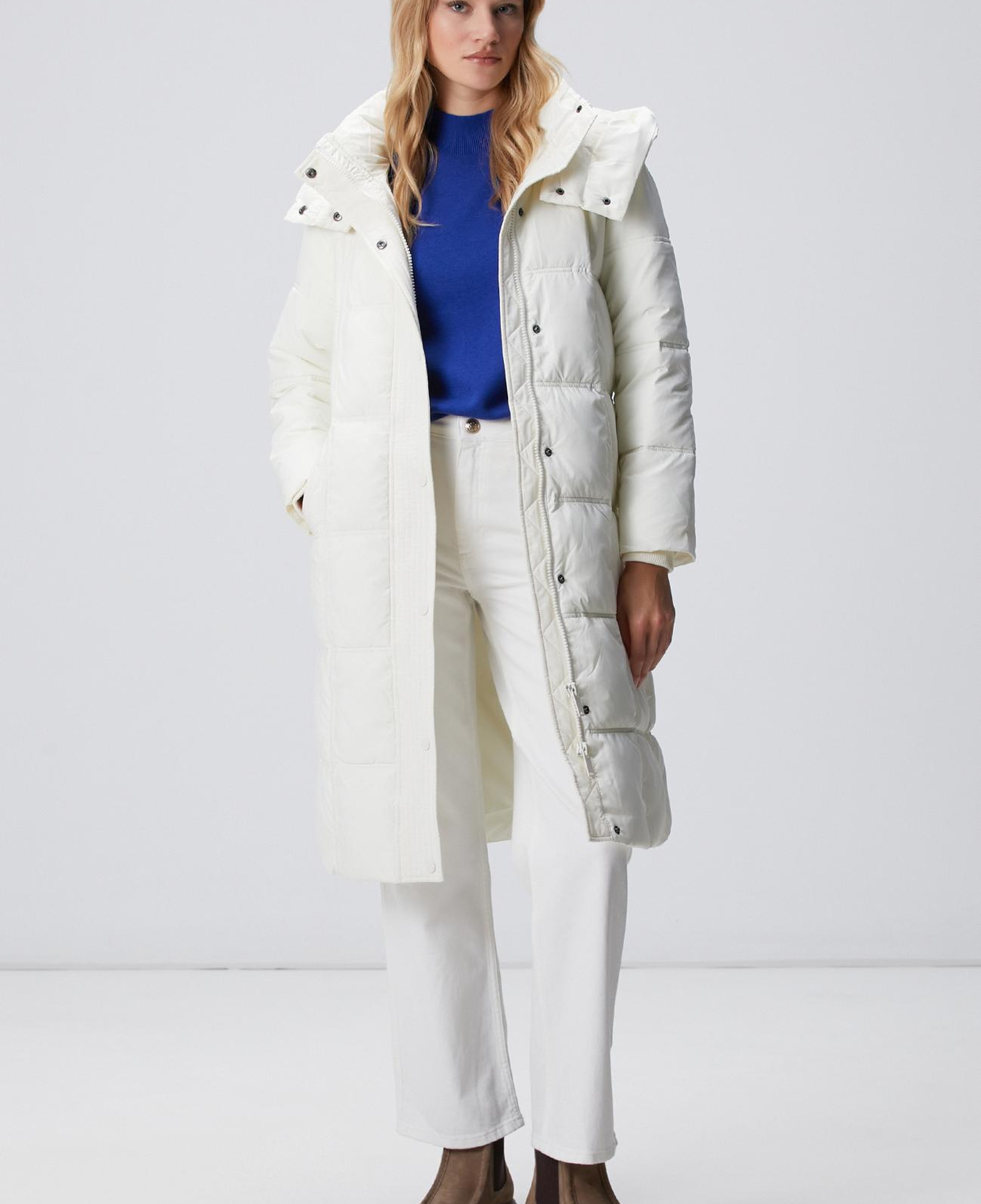 Network Kadın Kırık Beyaz Kapülonlu Kapitoneli Uzun Kaban