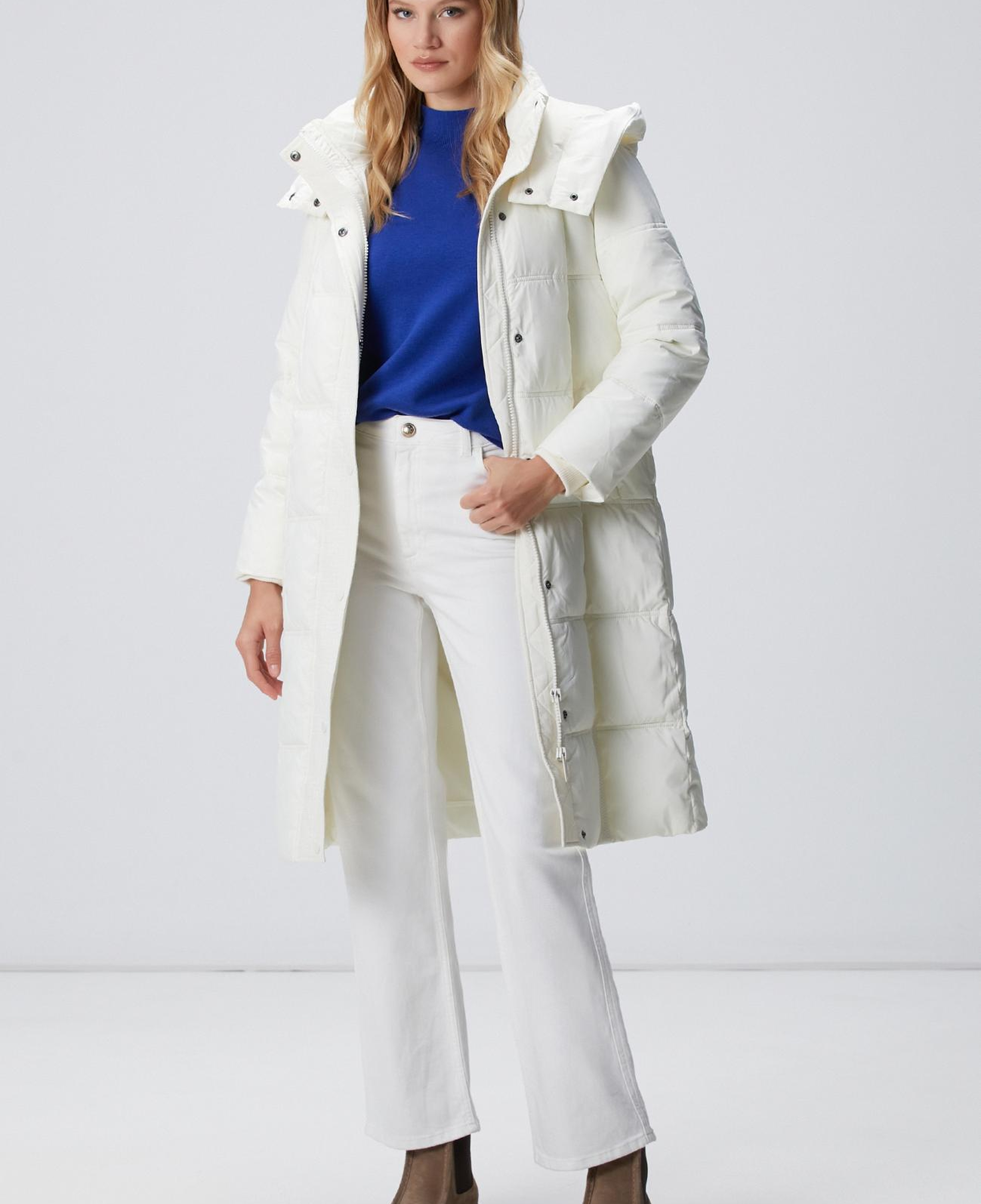 Network Kadın Kırık Beyaz Kapülonlu Kapitoneli Uzun Kaban