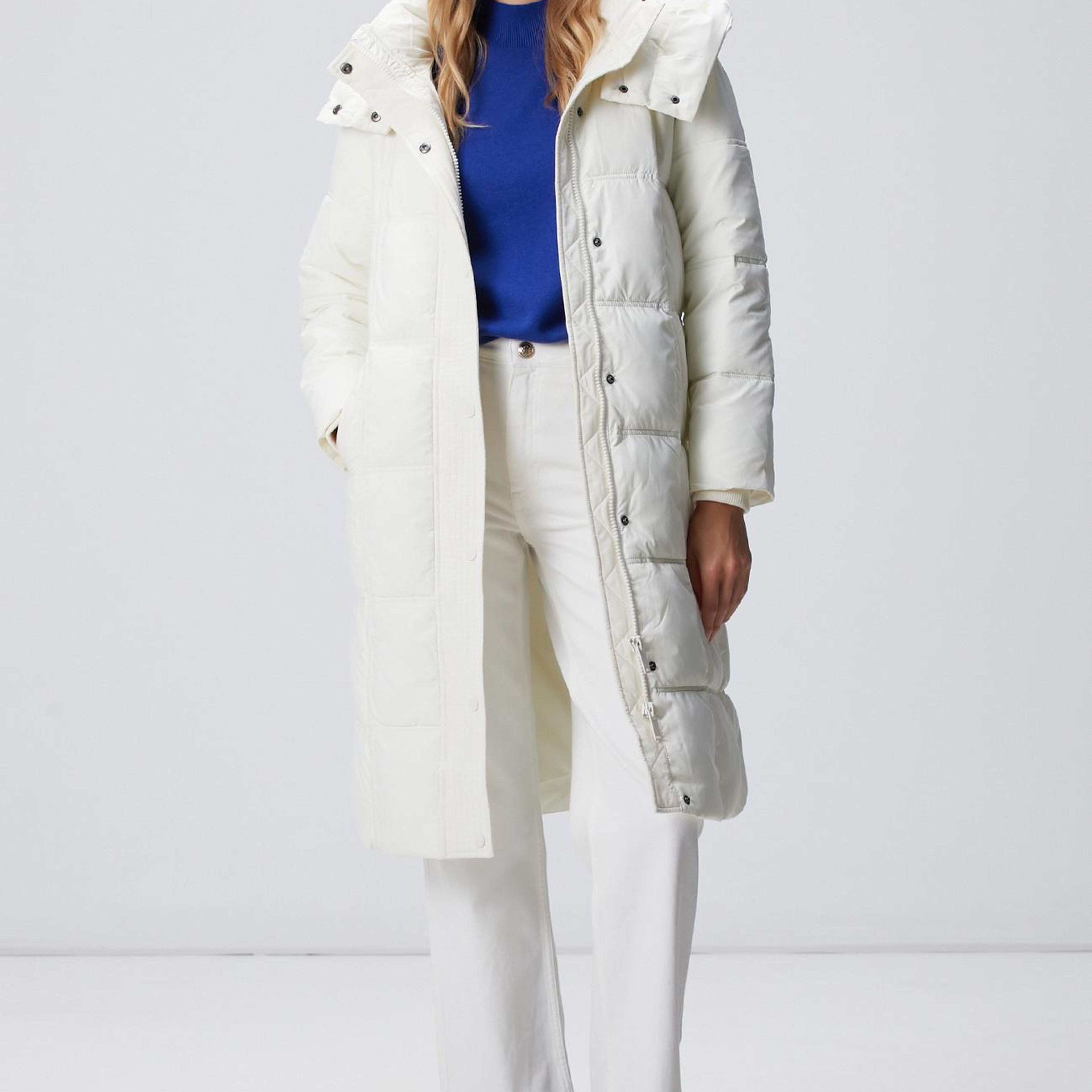 Network Kadın Kırık Beyaz Kapülonlu Kapitoneli Uzun Kaban