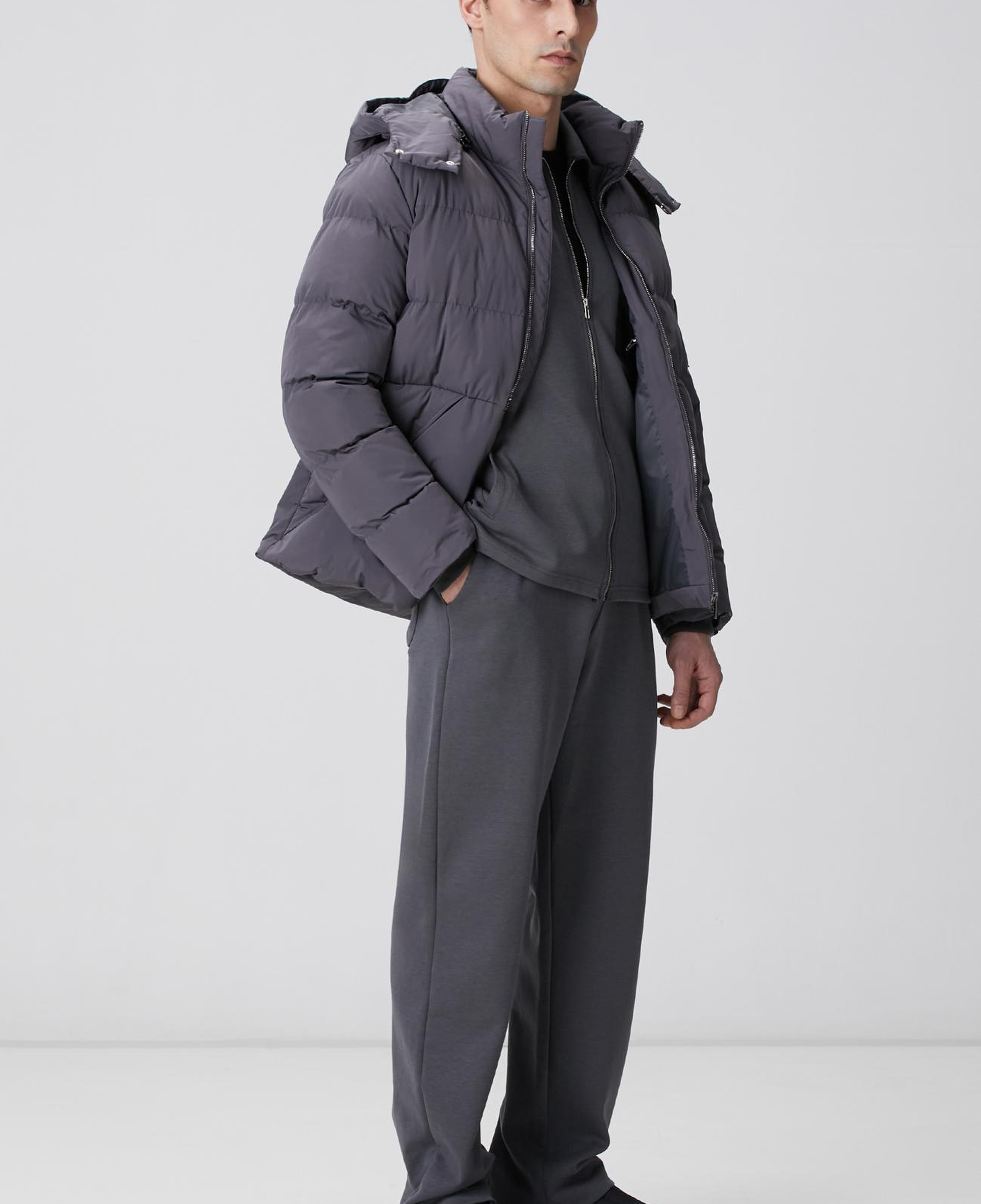 Network Erkek Gri Kapüşonlu Kapitoneli Casual Kaban