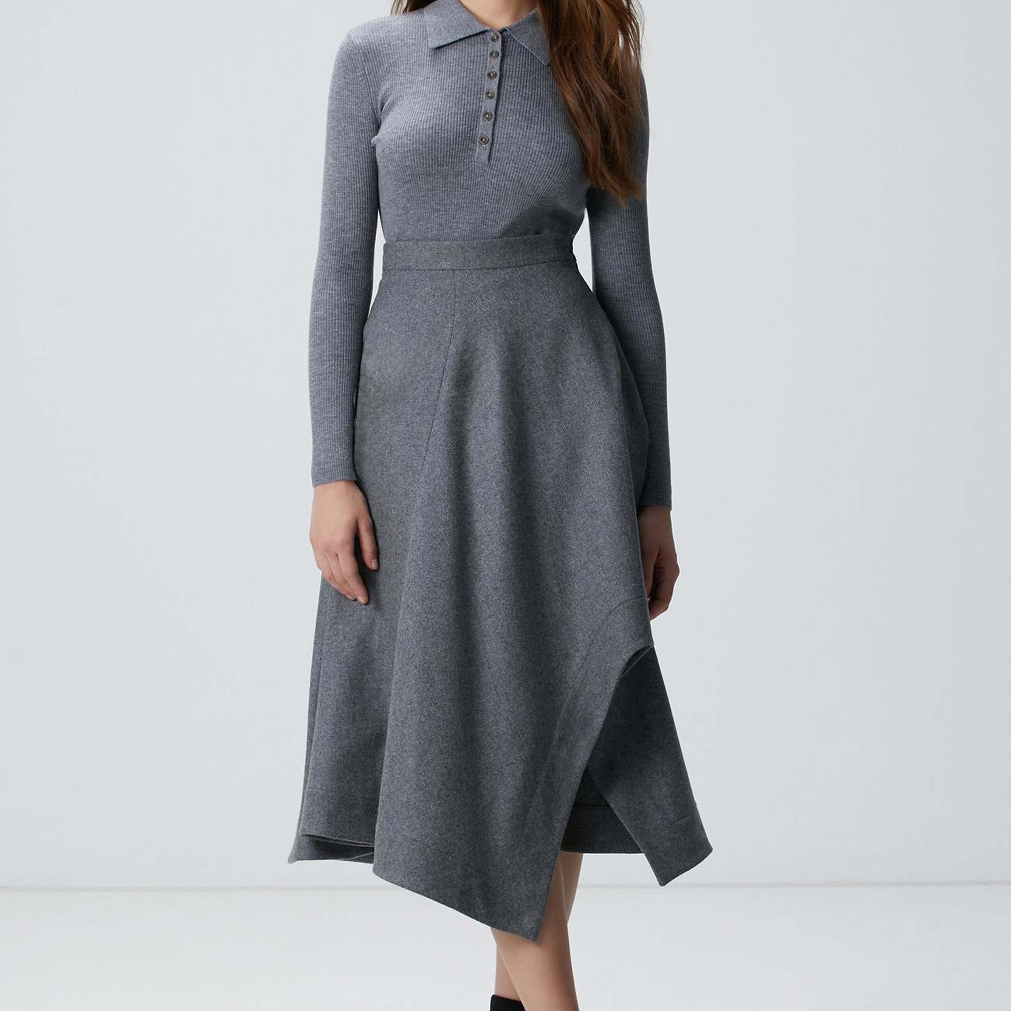 Network Kadın Gri Melanj Yün Karışımlı Etek