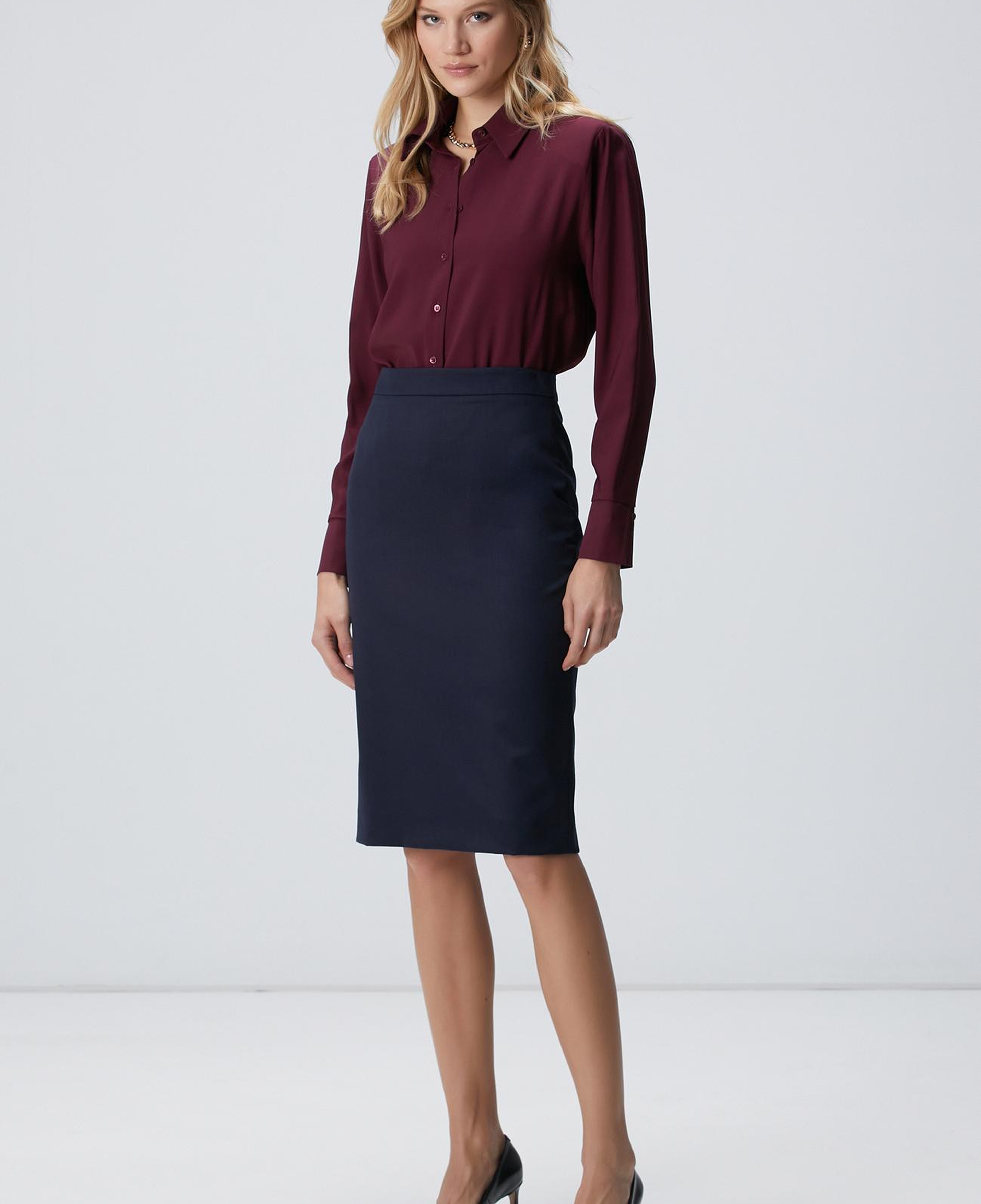 Network Kadın Lacivert Yün Karışımlı Midi Kalem Etek