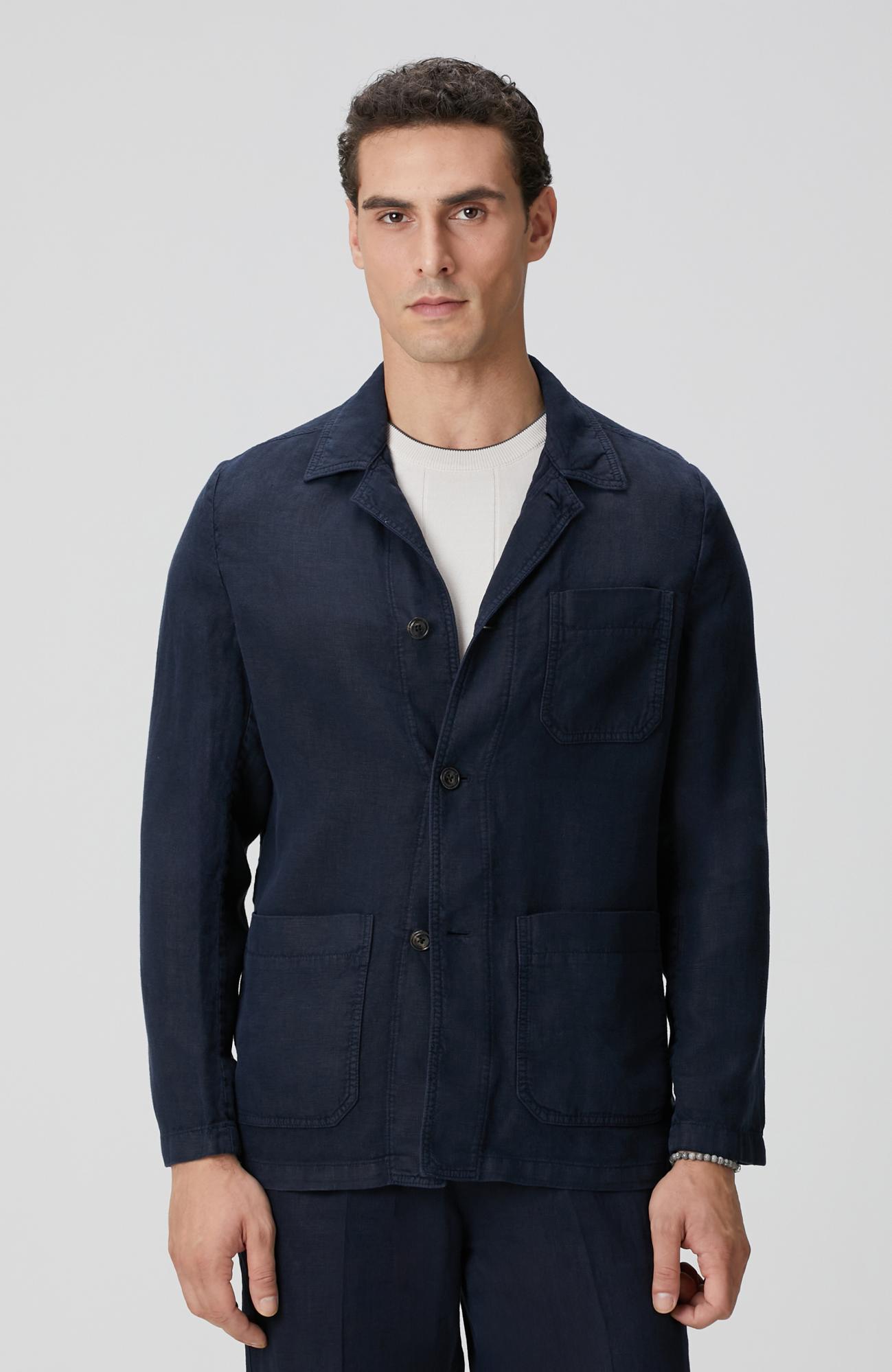 Network Erkek Lacivert Cep Detaylı Parça Boya Keten Dış Gömlek