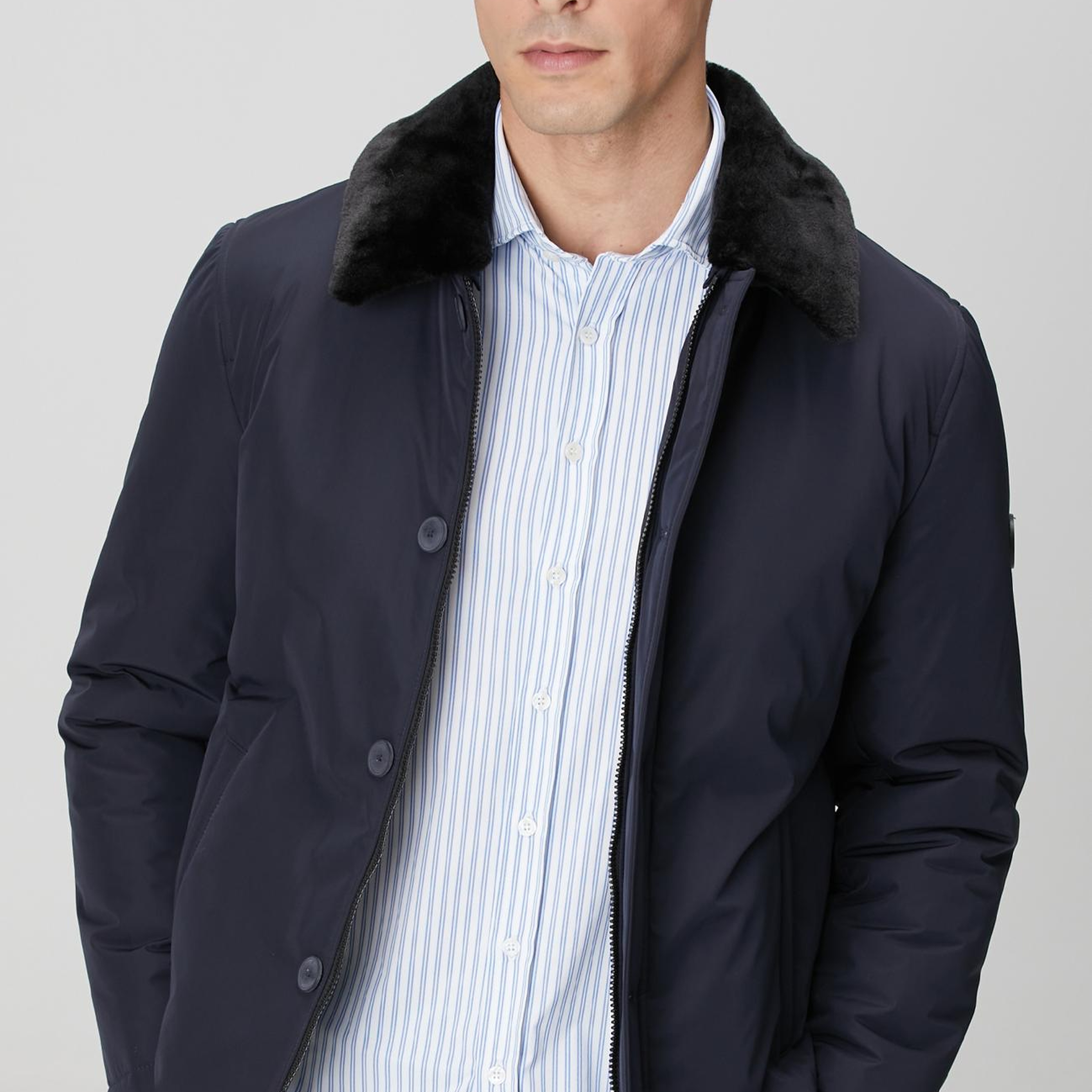 Network Erkek Lacivert Yakası Kürk Detaylı Mont