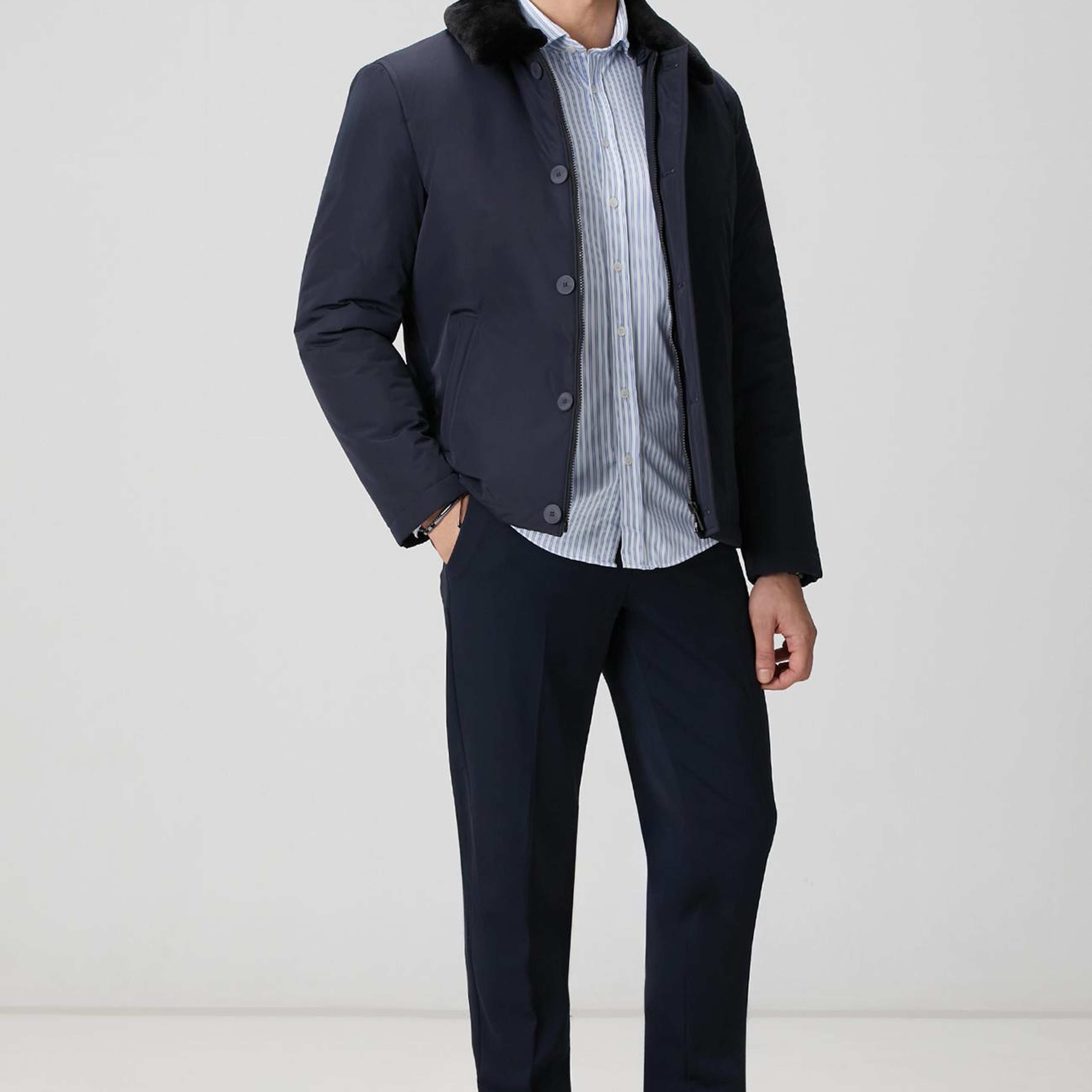 Network Erkek Lacivert Yakası Kürk Detaylı Mont