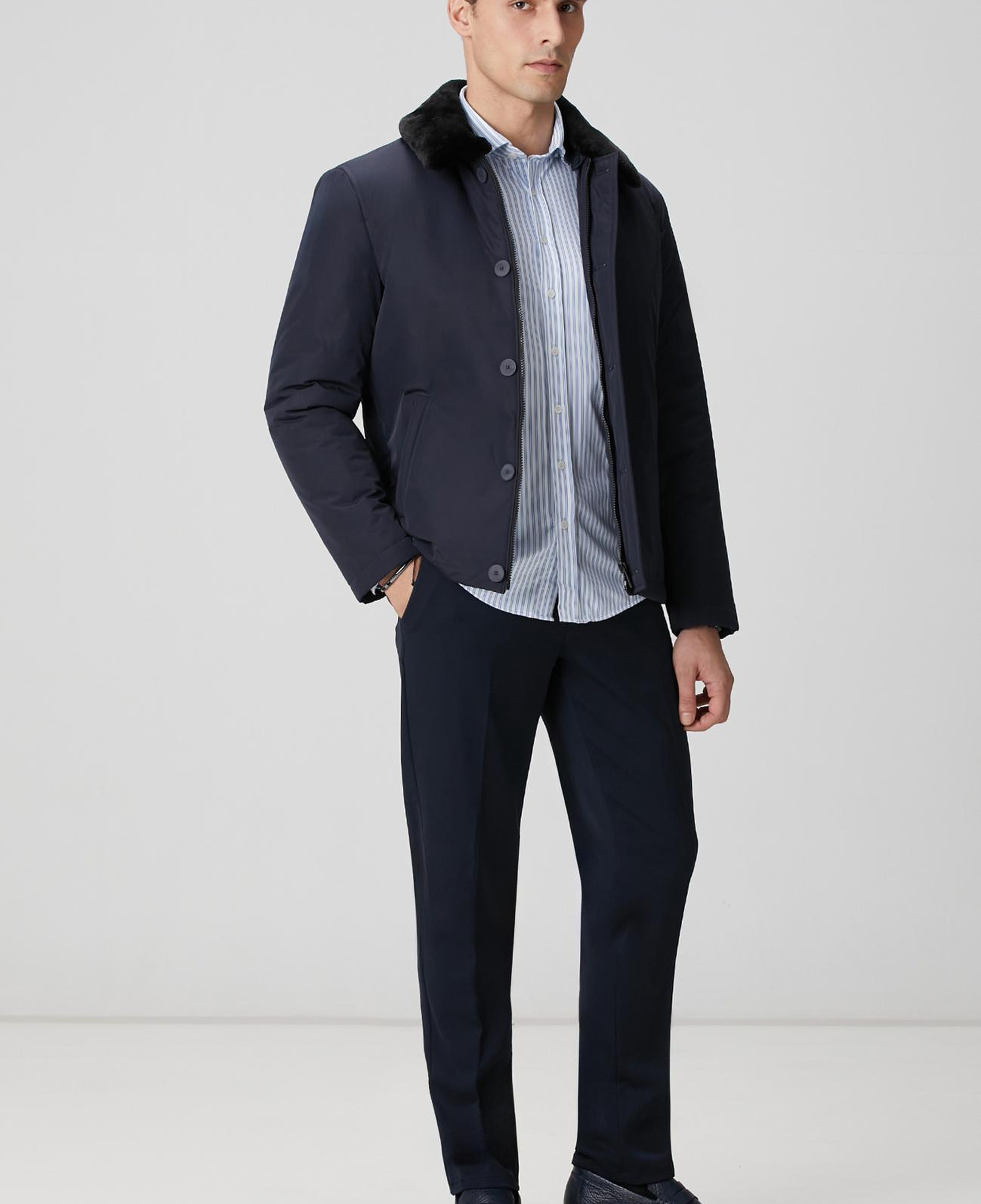 Network Erkek Lacivert Yakası Kürk Detaylı Mont