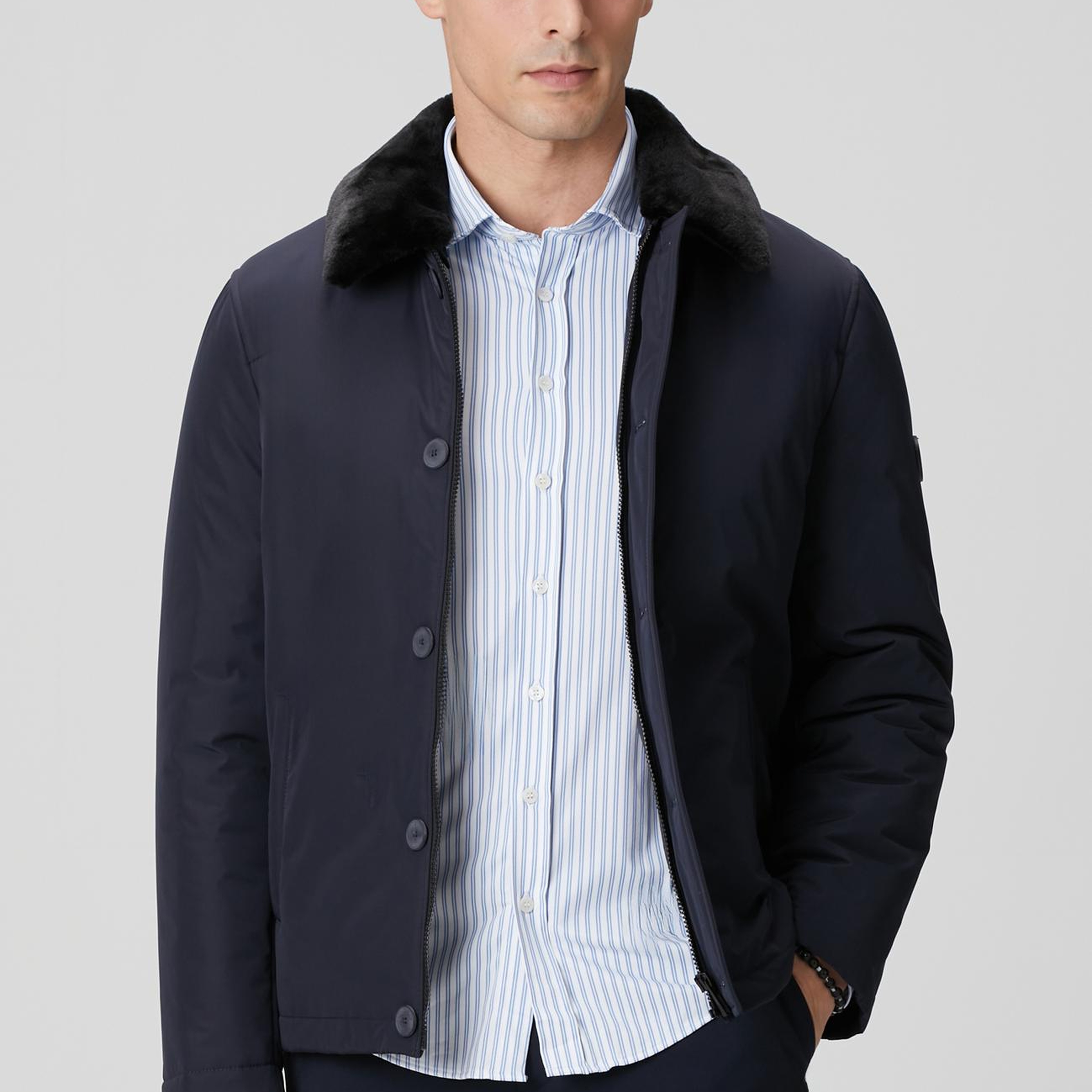 Network Erkek Lacivert Yakası Kürk Detaylı Mont