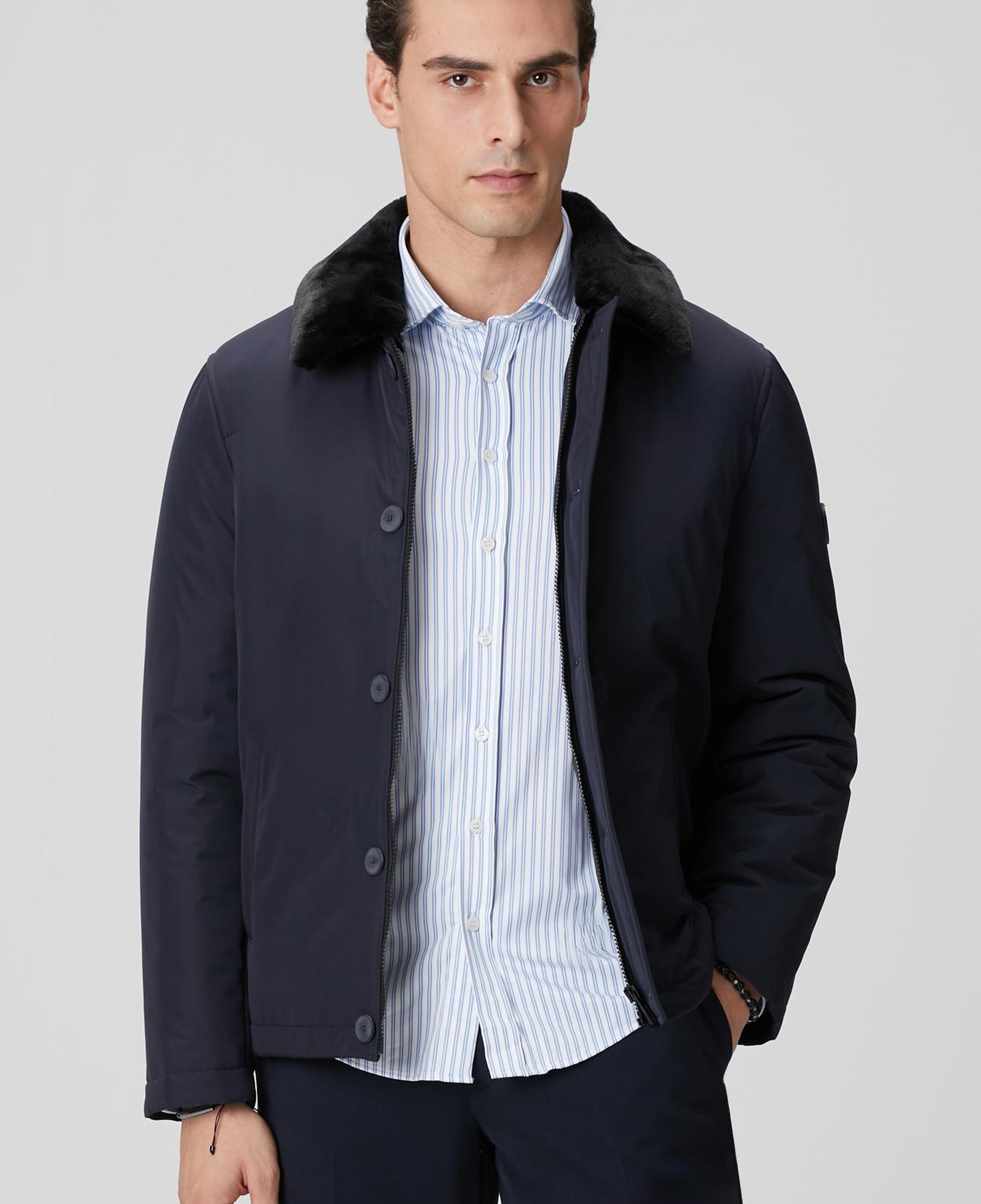 Network Erkek Lacivert Yakası Kürk Detaylı Mont