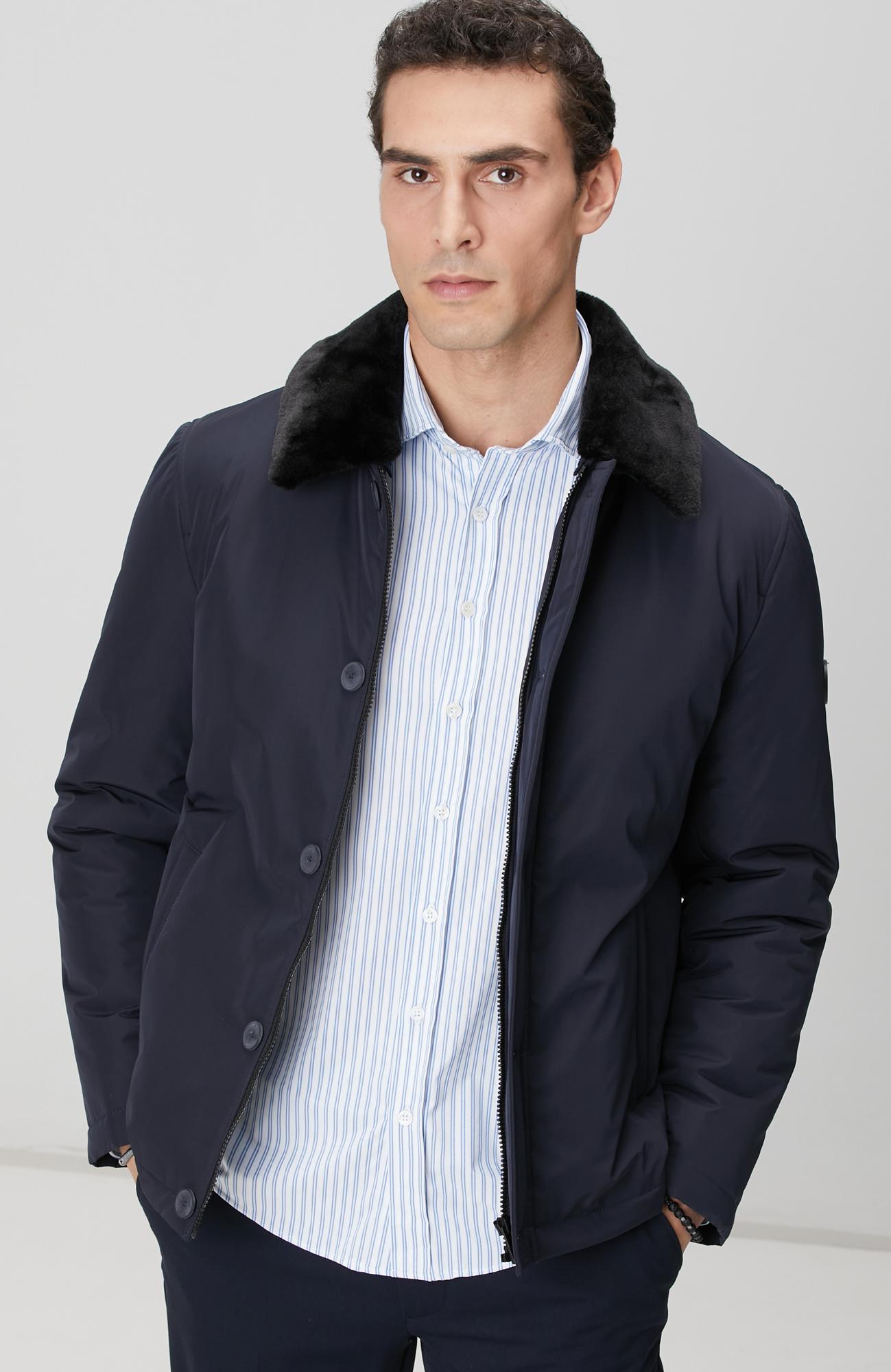 Network Erkek Lacivert Yakası Kürk Detaylı Mont