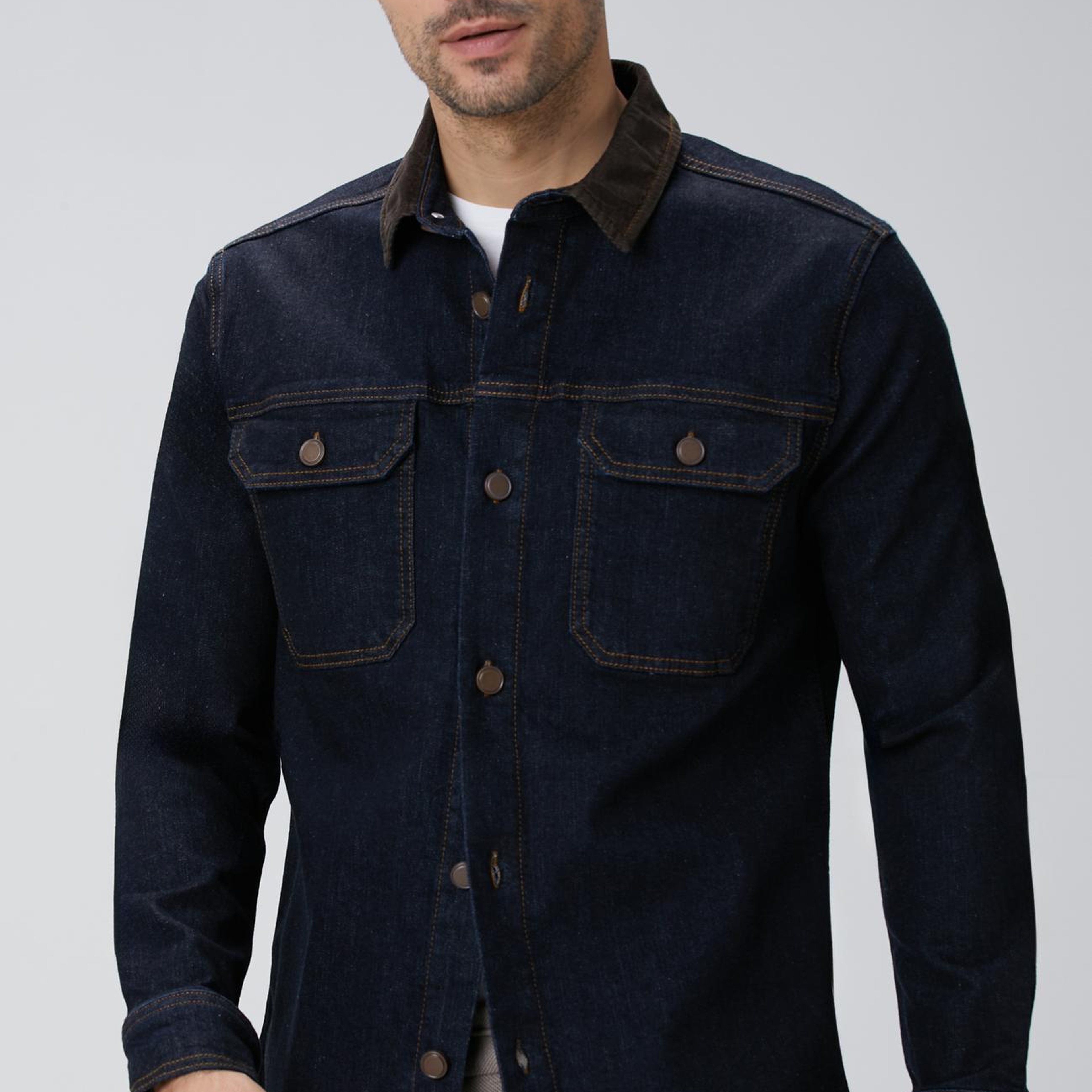 Network Erkek Lacivert Yakası Kadife Denim Gömlek
