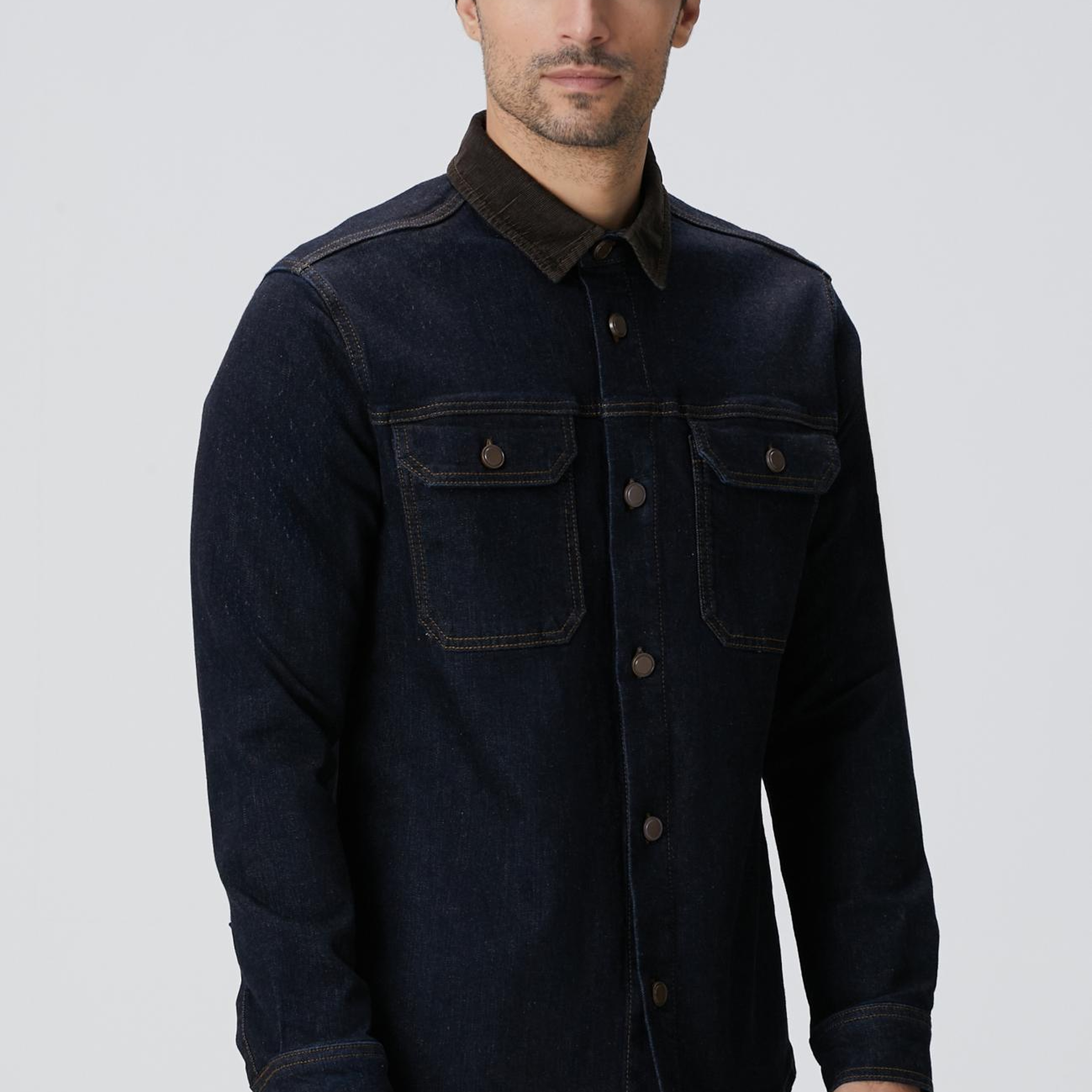 Network Erkek Lacivert Yakası Kadife Denim Gömlek