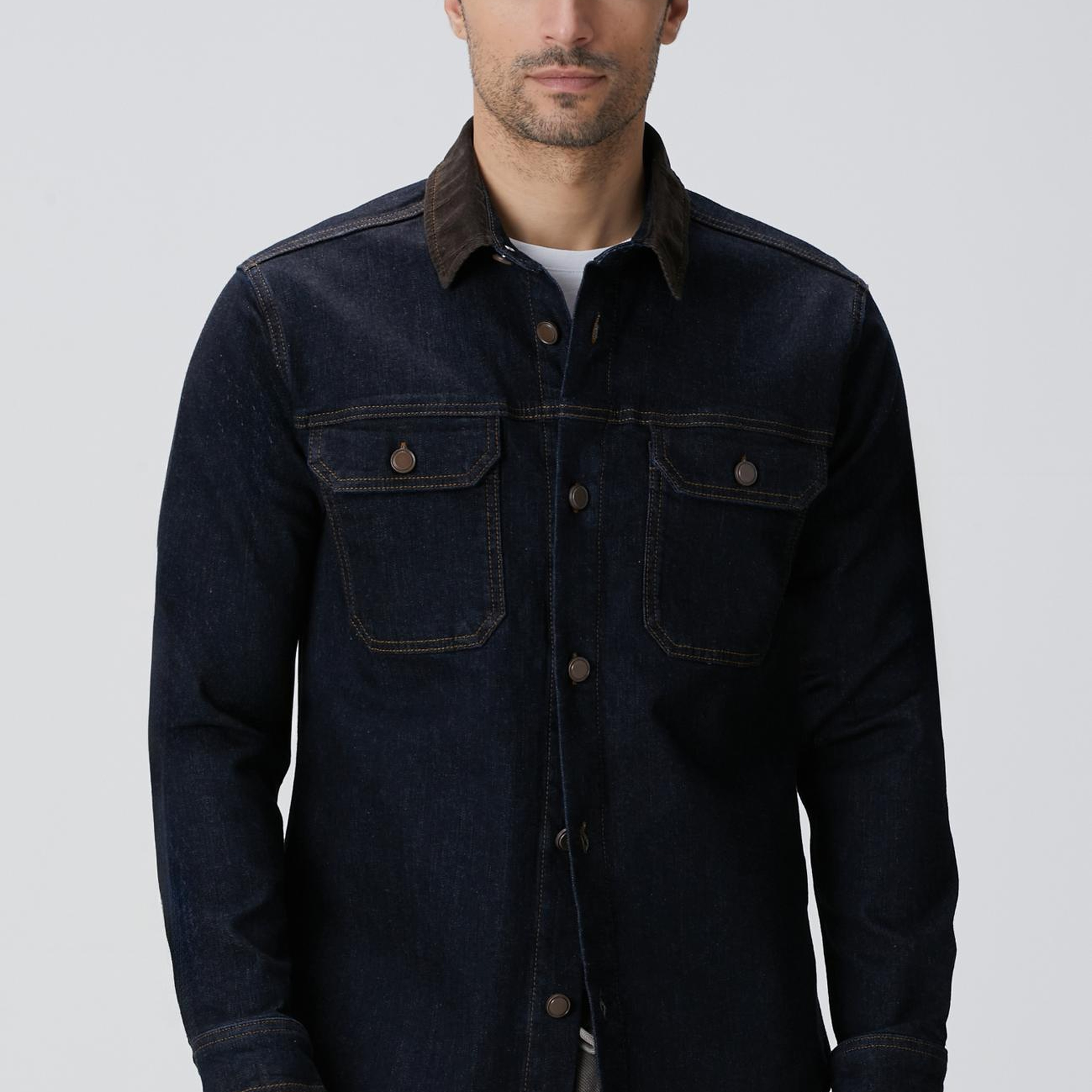 Network Erkek Lacivert Yakası Kadife Denim Gömlek