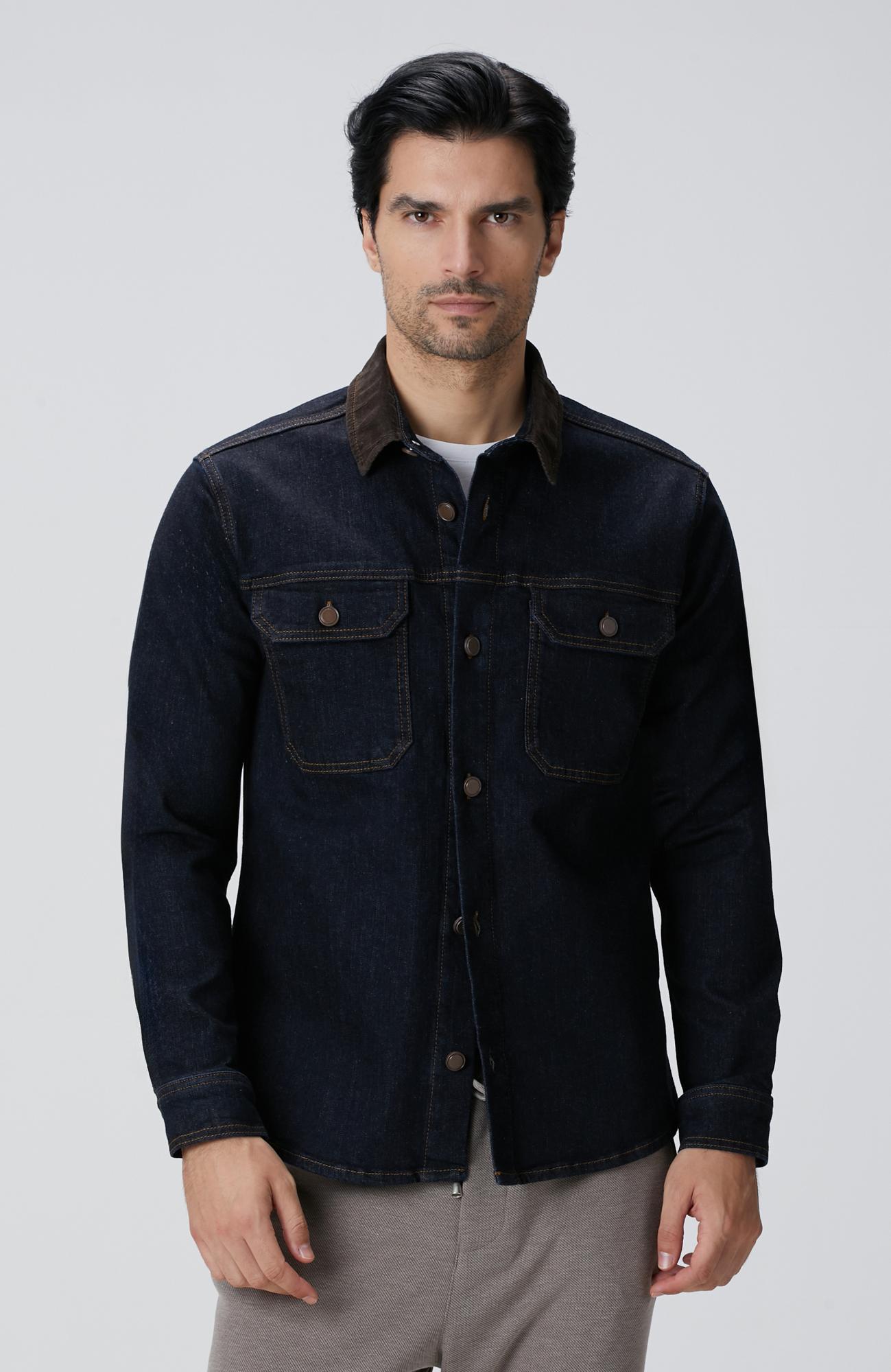 Network Erkek Lacivert Yakası Kadife Denim Gömlek