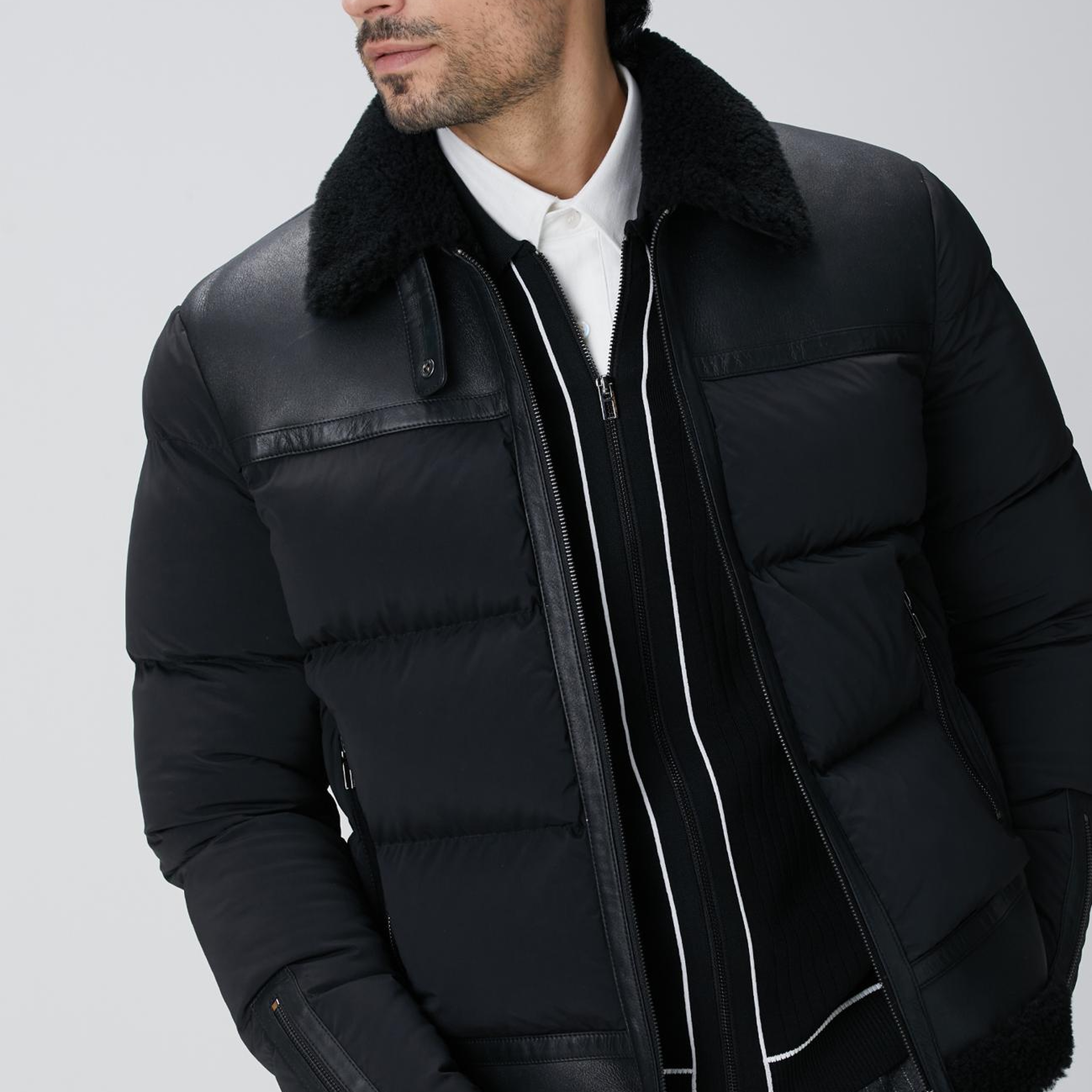 Network Erkek Siyah Kürklü Deri Detaylı Mont