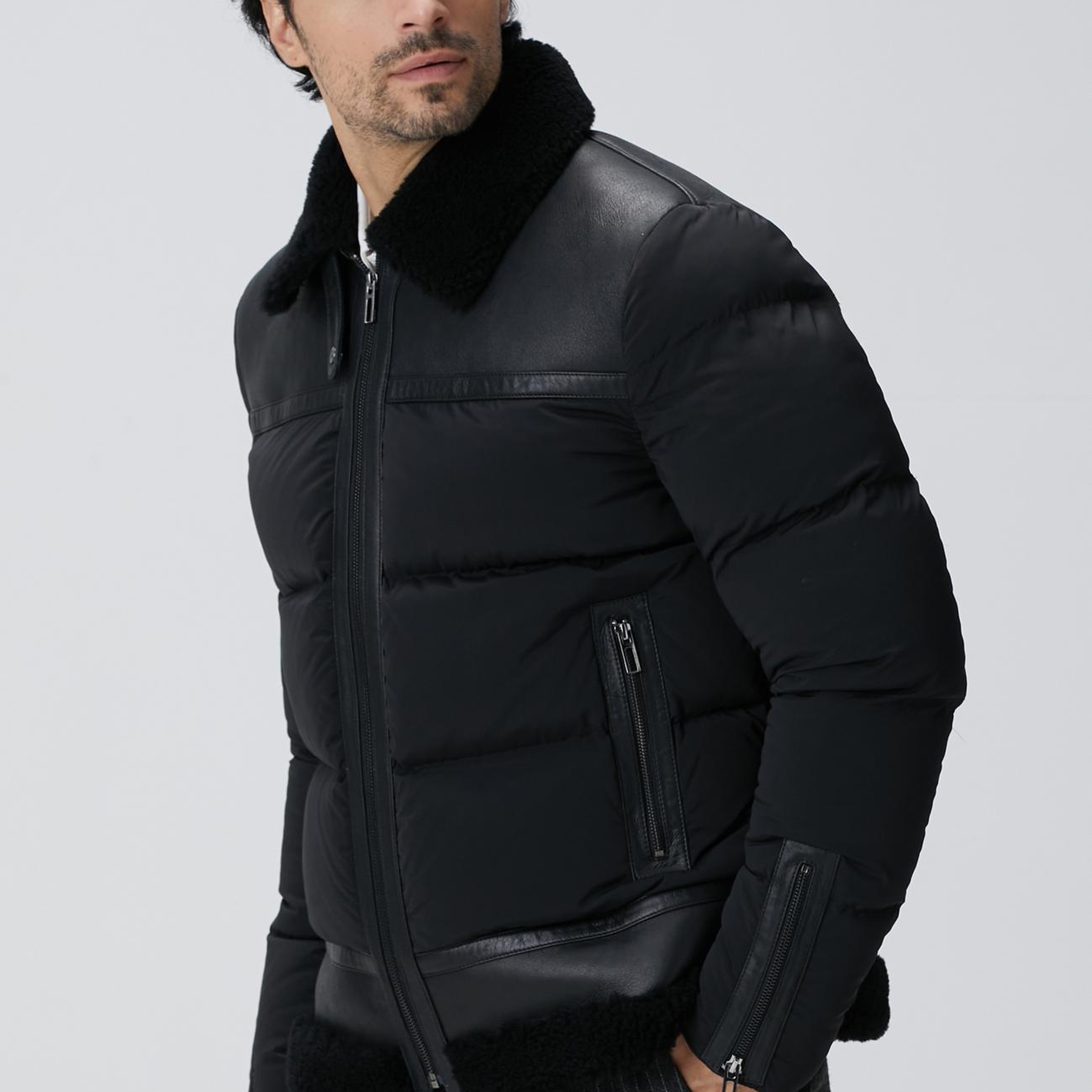 Network Erkek Siyah Kürklü Deri Detaylı Mont