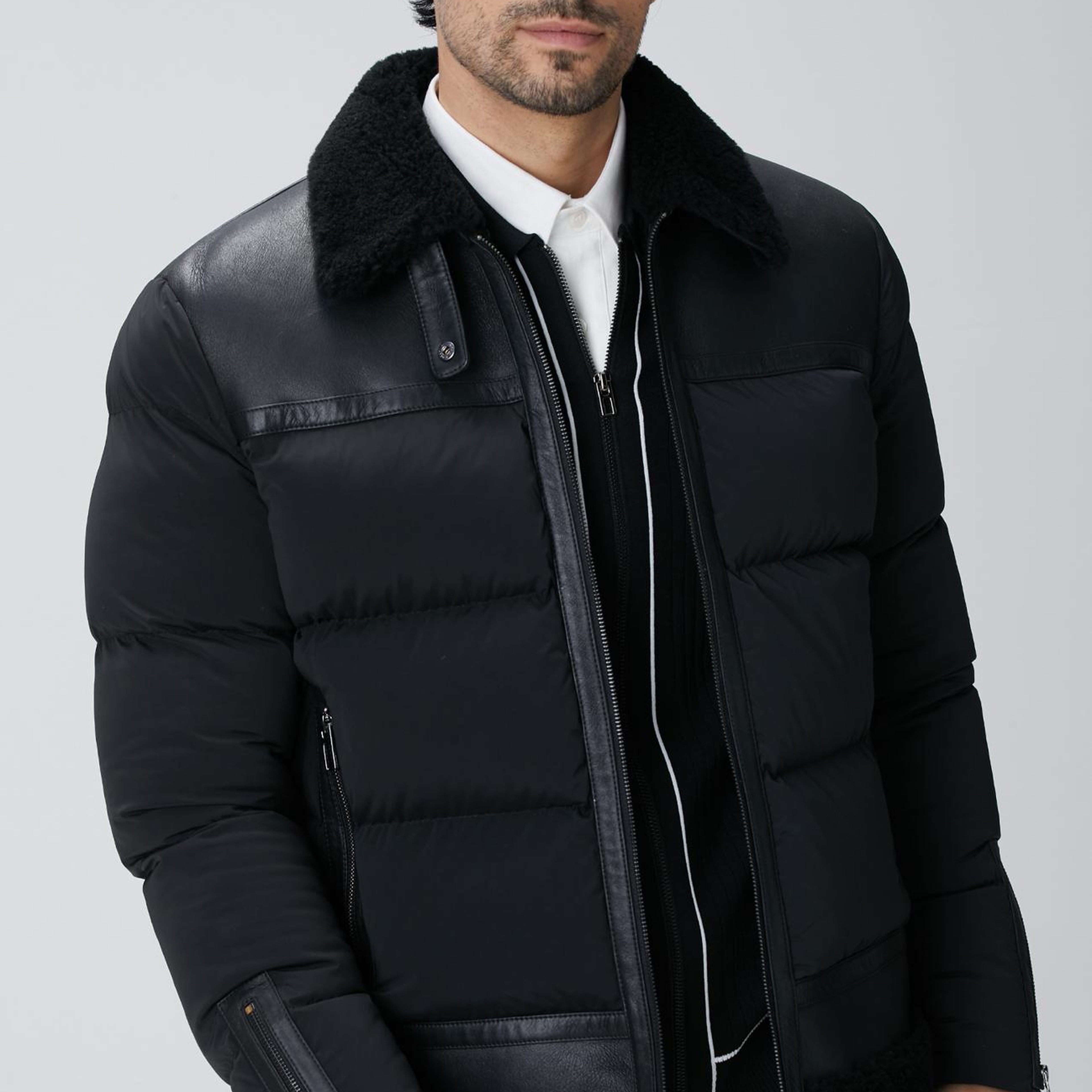 Network Erkek Siyah Kürklü Deri Detaylı Mont