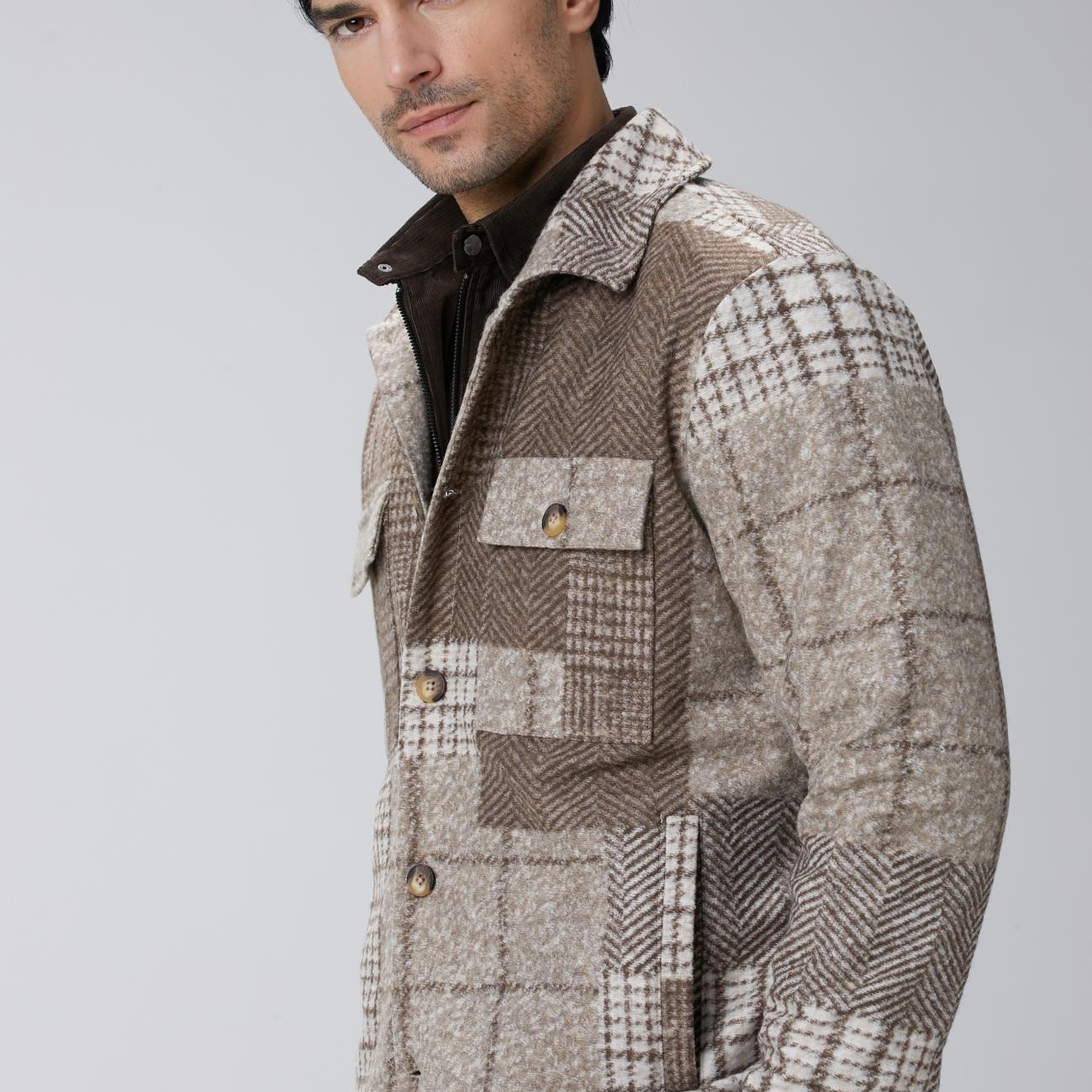 Network Erkek Bej Desenli Yün Karışımlı Dış Gömlek