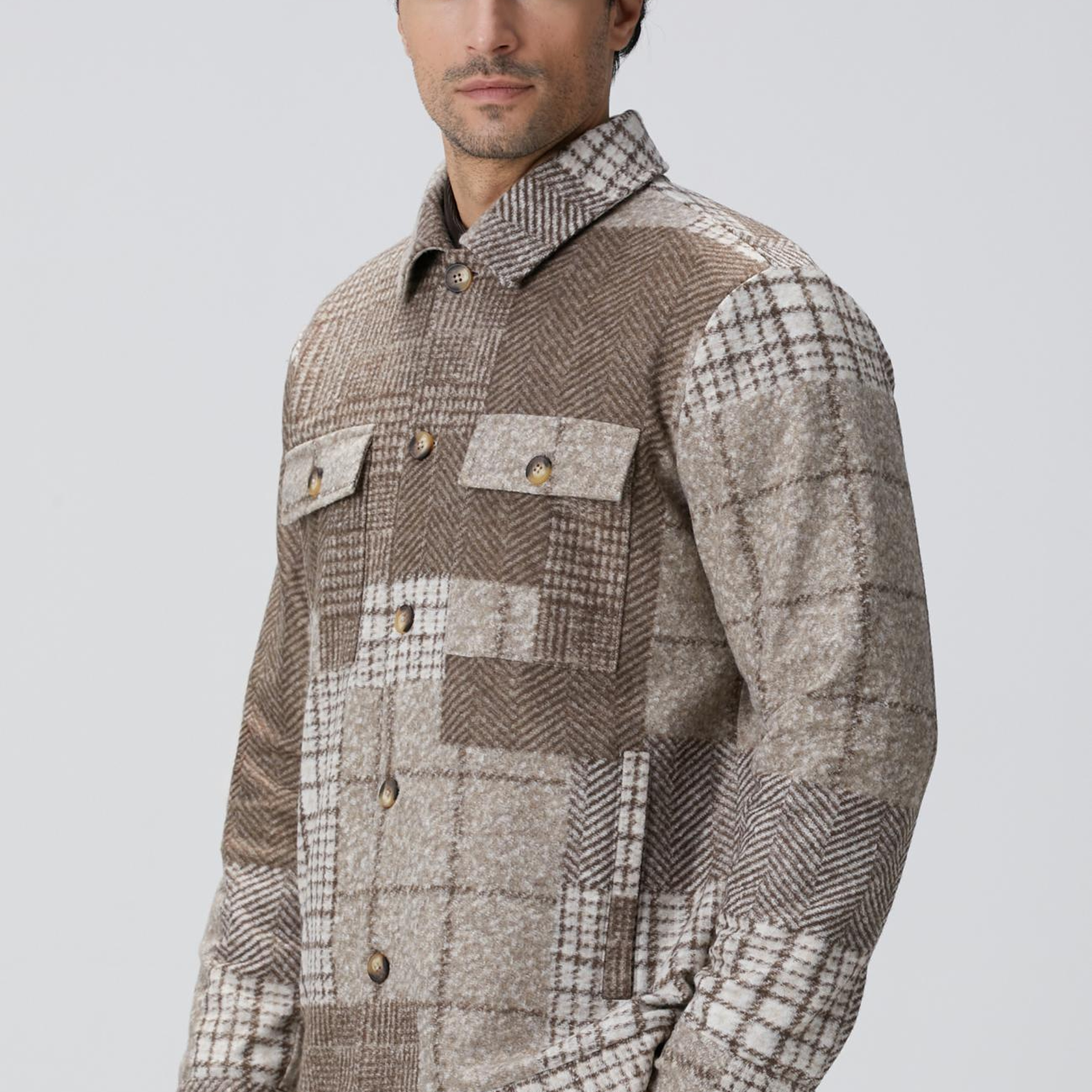 Network Erkek Bej Desenli Yün Karışımlı Dış Gömlek