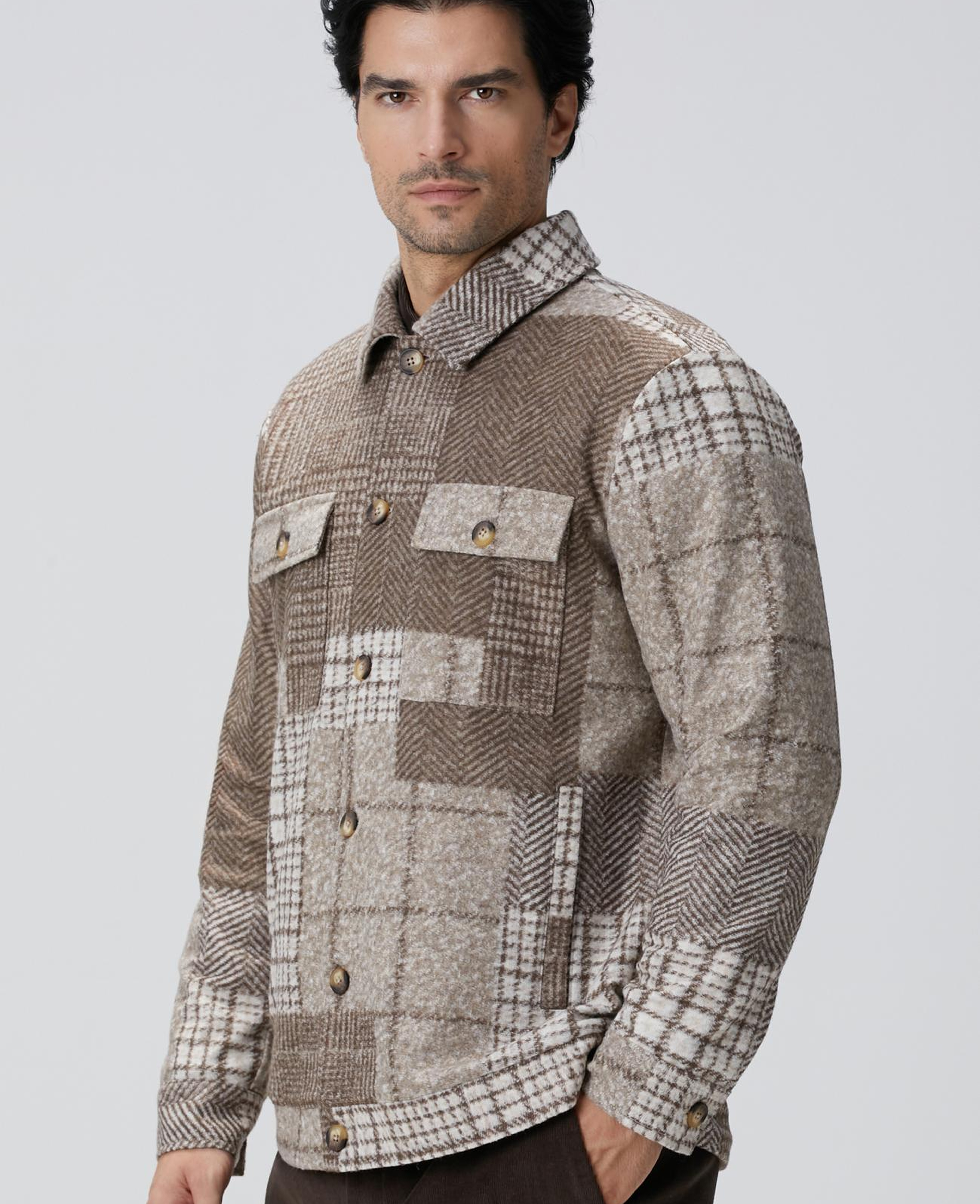 Network Erkek Bej Desenli Yün Karışımlı Dış Gömlek